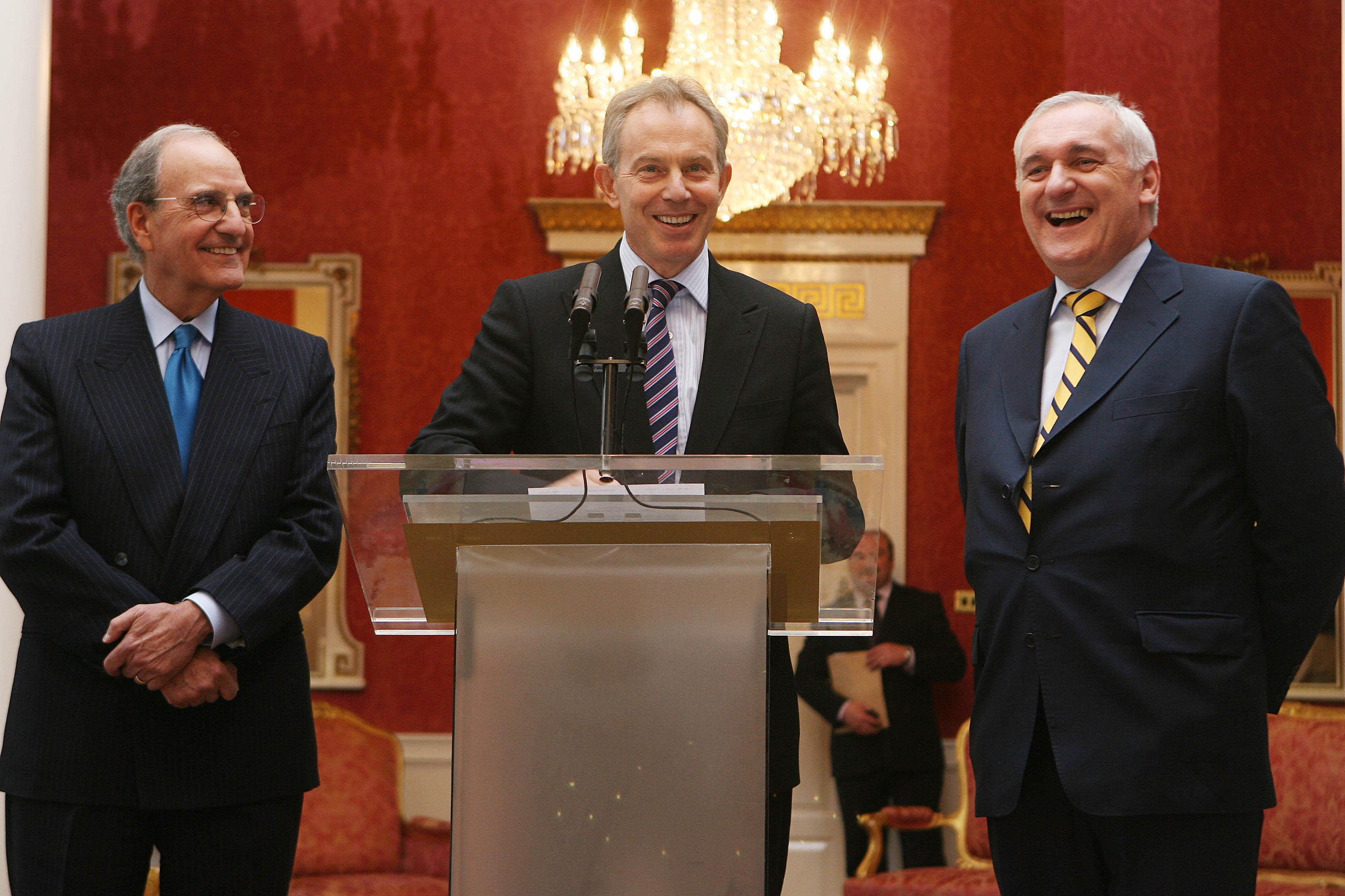 Former British Prime Minister Tony Blair, centre, with, US Senator George Mitchell, left and outgoing Irish premier Bertie Ahern, right, during a meeting at Dublin Castle which forms part of a series of events to mark the 10th anniversary of the Good Friday Agreement. (PA)