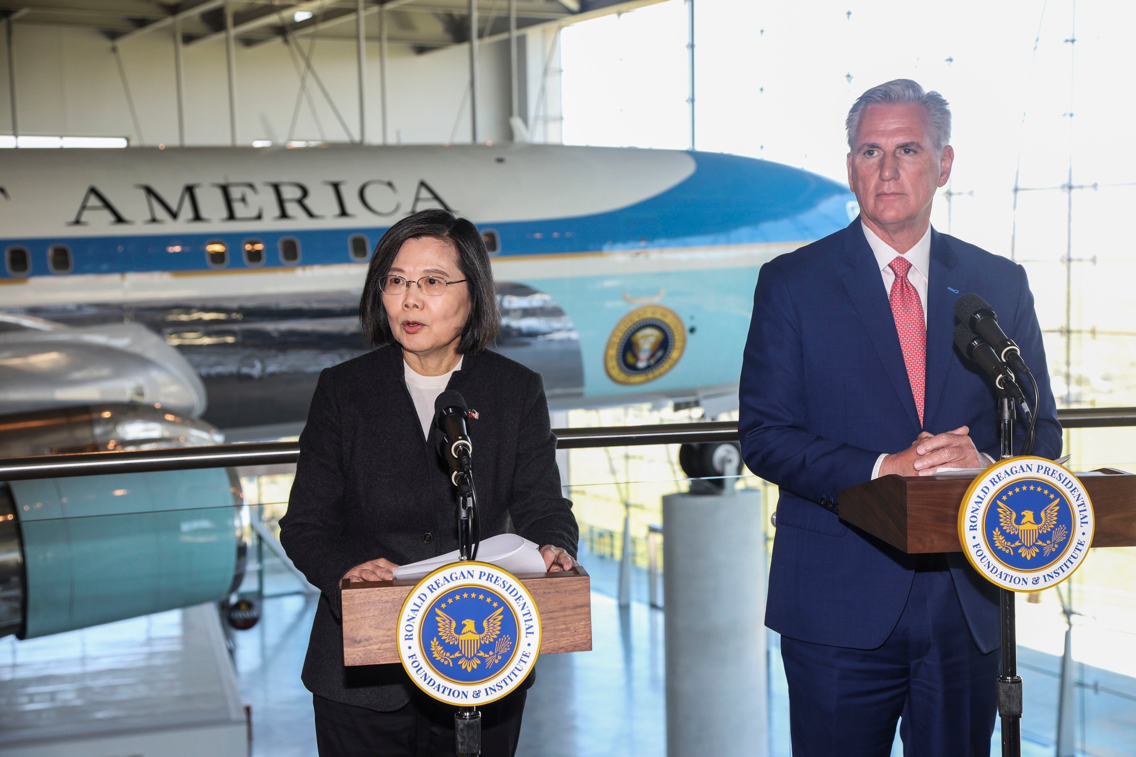 House speaker Kevin McCarthy and Taiwanese president Tsai Ing-wen deliver statements