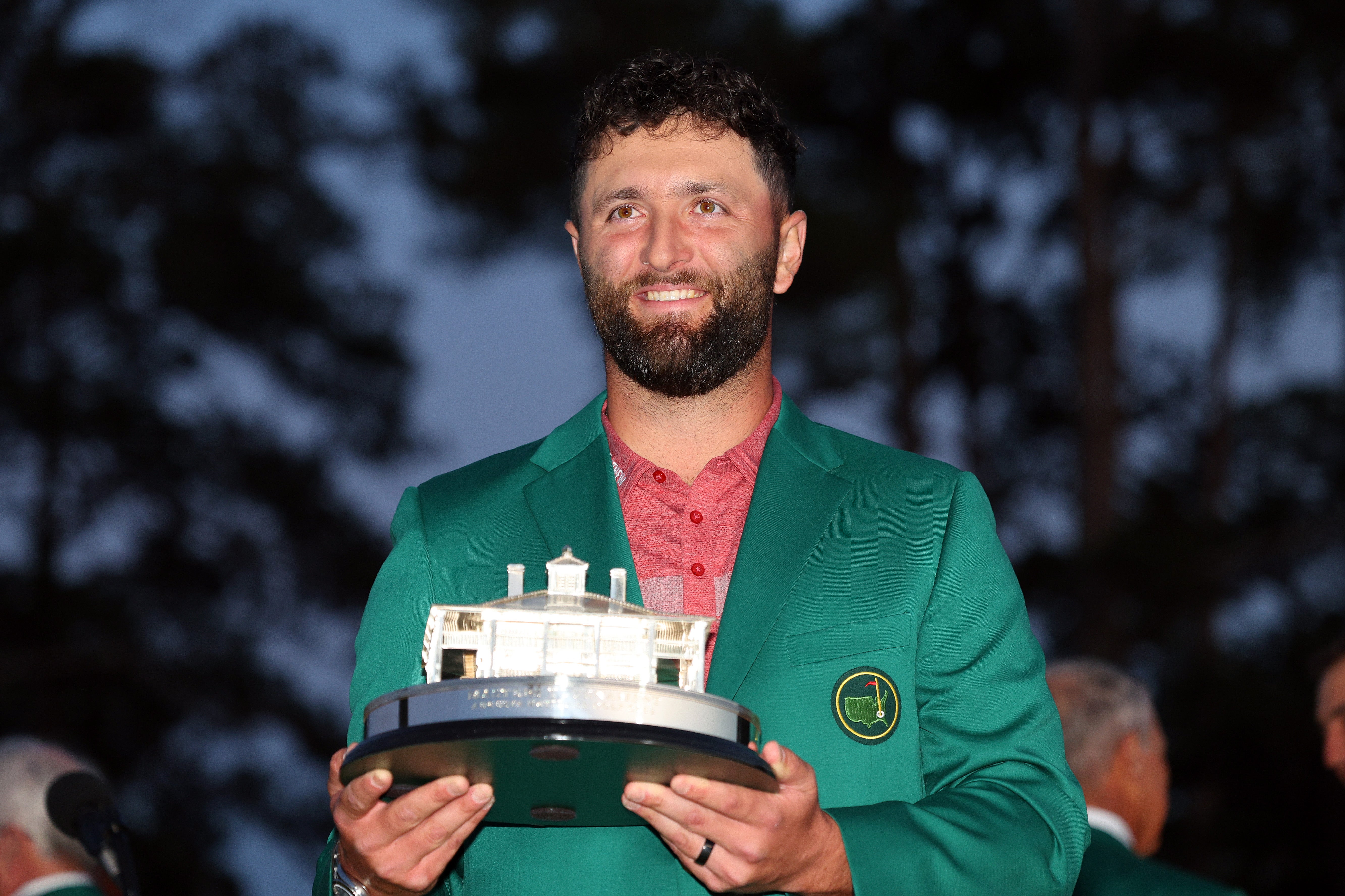 Jon Rahm celebrates with the Masters trophy