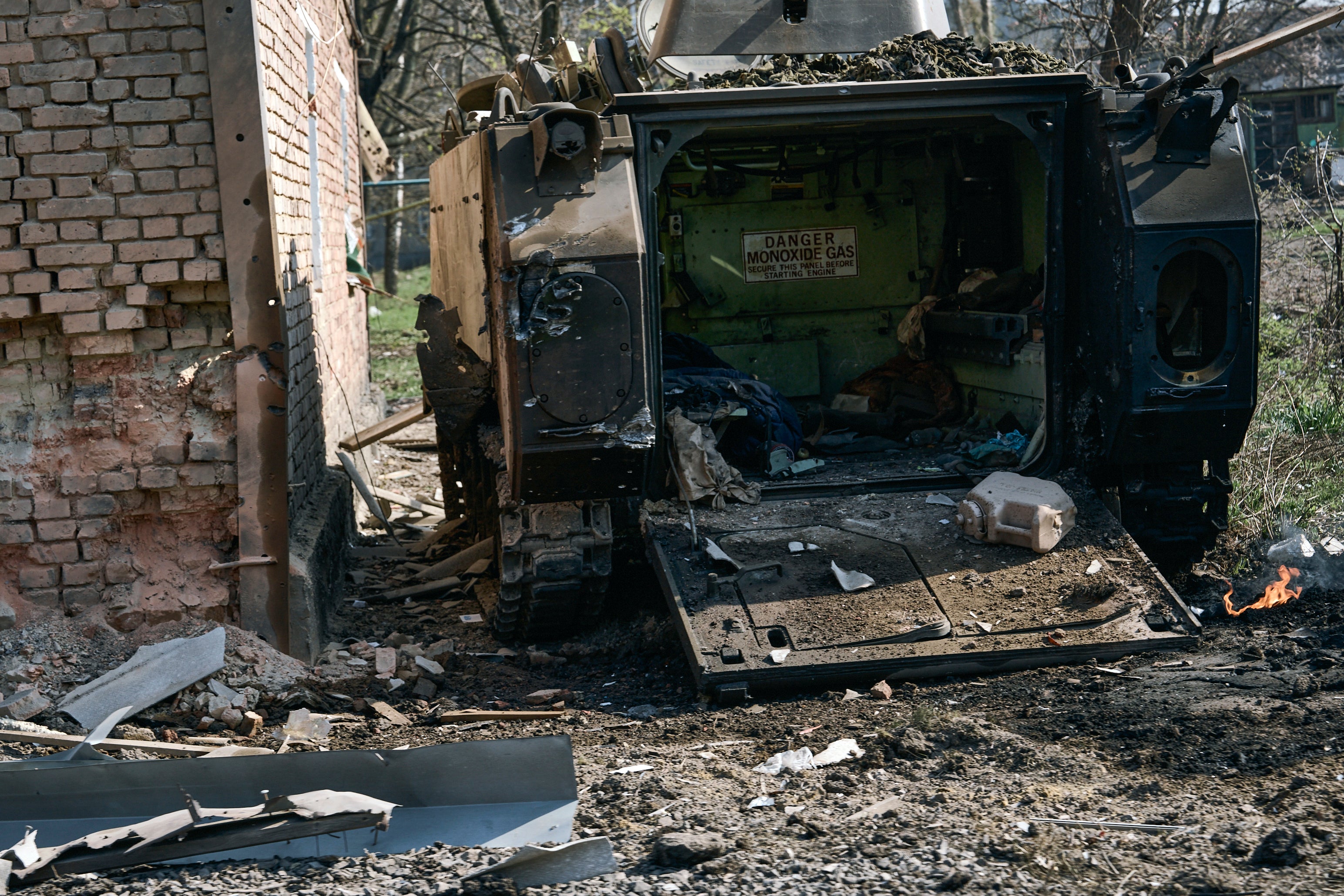 A damaged APC seen in Bakhmut, the site of heavy battles with Russian troops in the Donetsk region