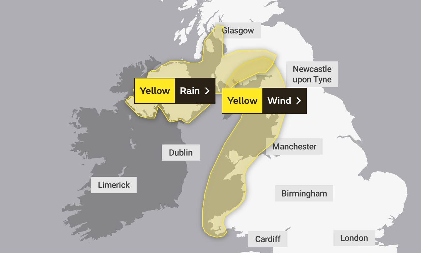 Tuesday’s Met Office weather warning covering the west of the UK