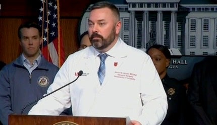 Dr Jason Smith, the chief medical officer of UofL Health who has been treating the victims of Monday’s attack, choked up with emotion as he begged lawmakers to ‘do something’