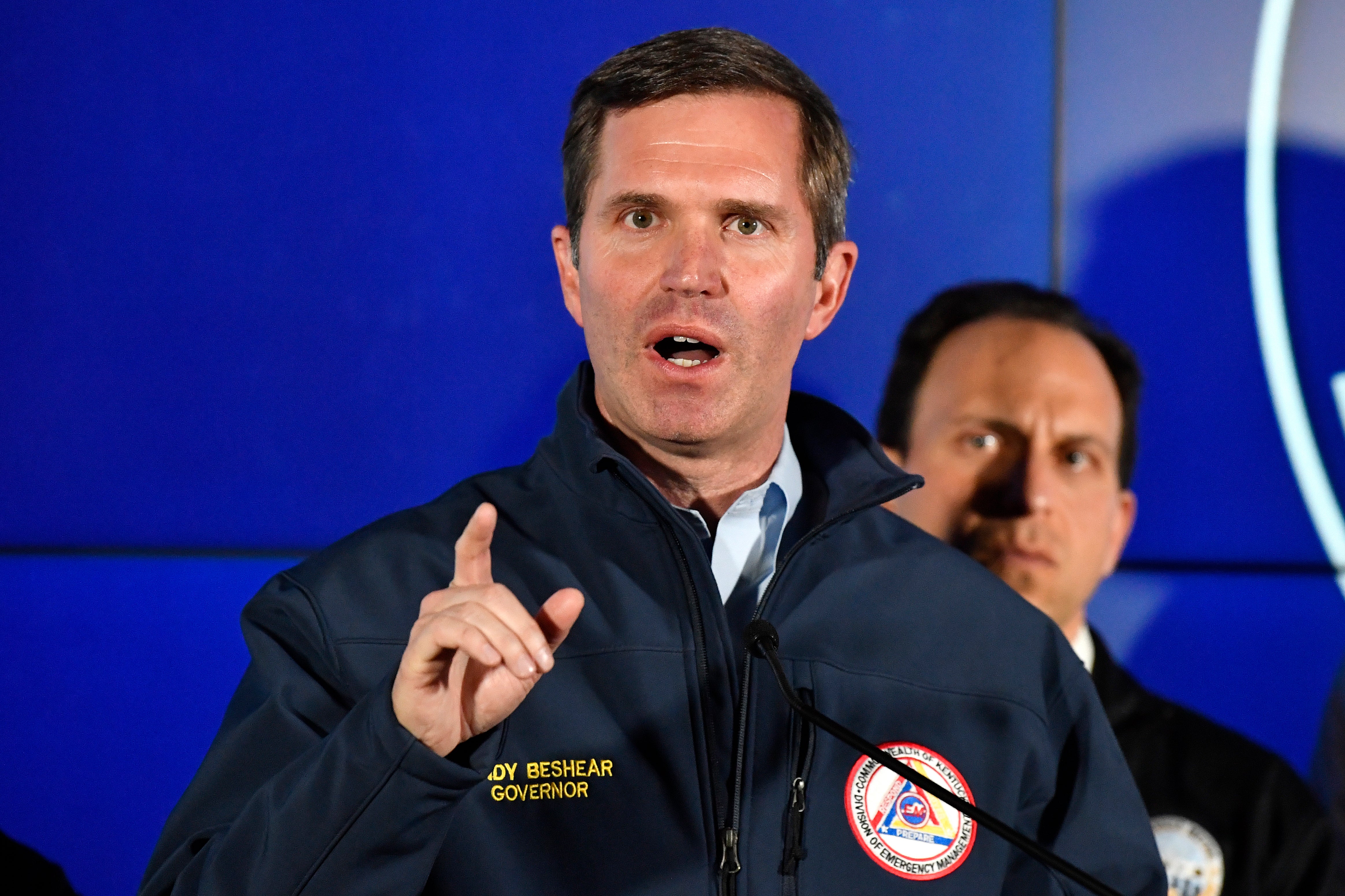 Kentucky Gov. Andy Beshear speaks to reporters during a news conference in Louisville, Kentucky, on Monday, April 10, 2023.