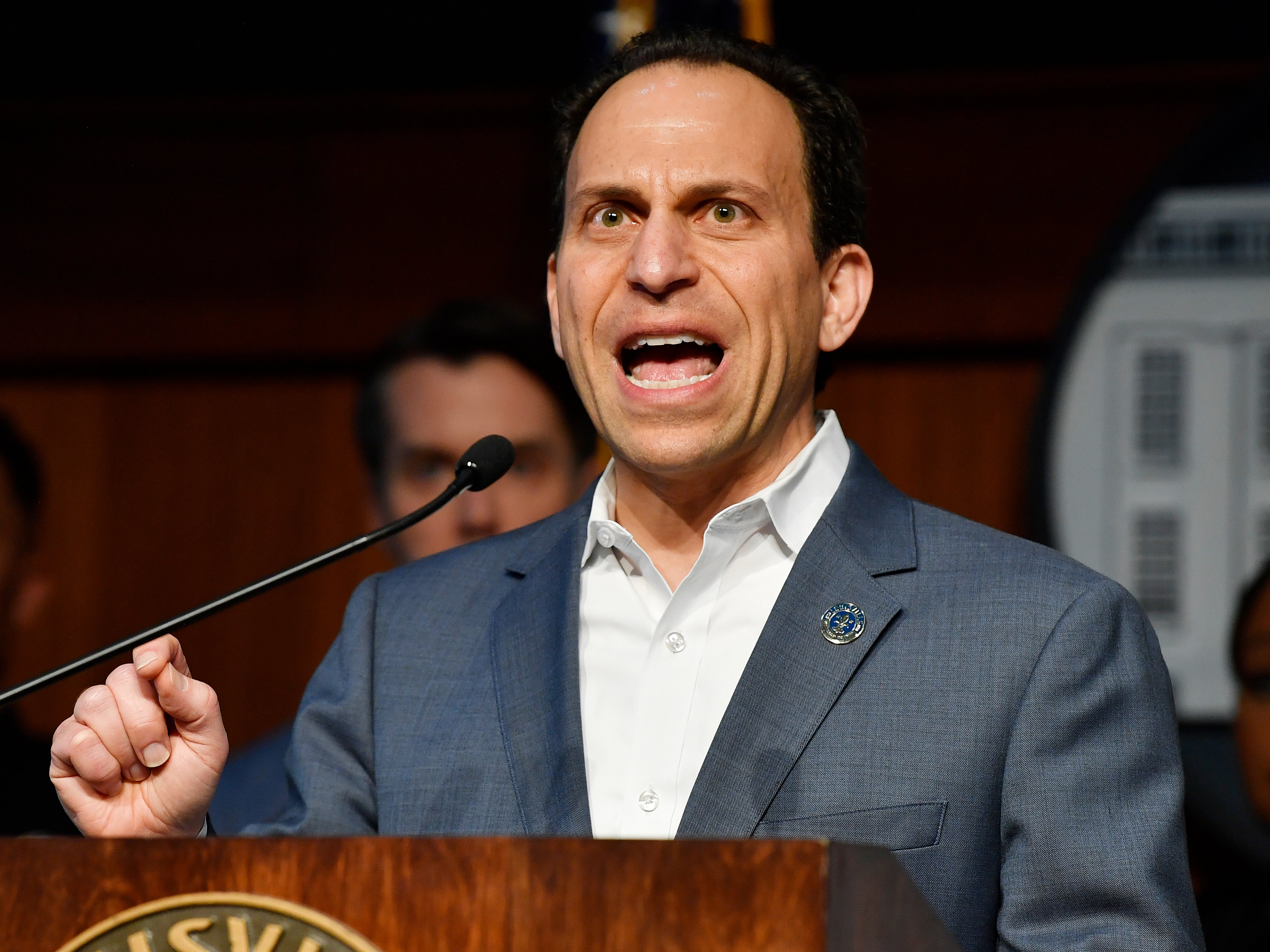 Louisville Mayor Craig Greenberg speaks during a news conference on Monday's bank shooting at Metro Hall in Louisville, Ky., Tuesday, April 11, 2023