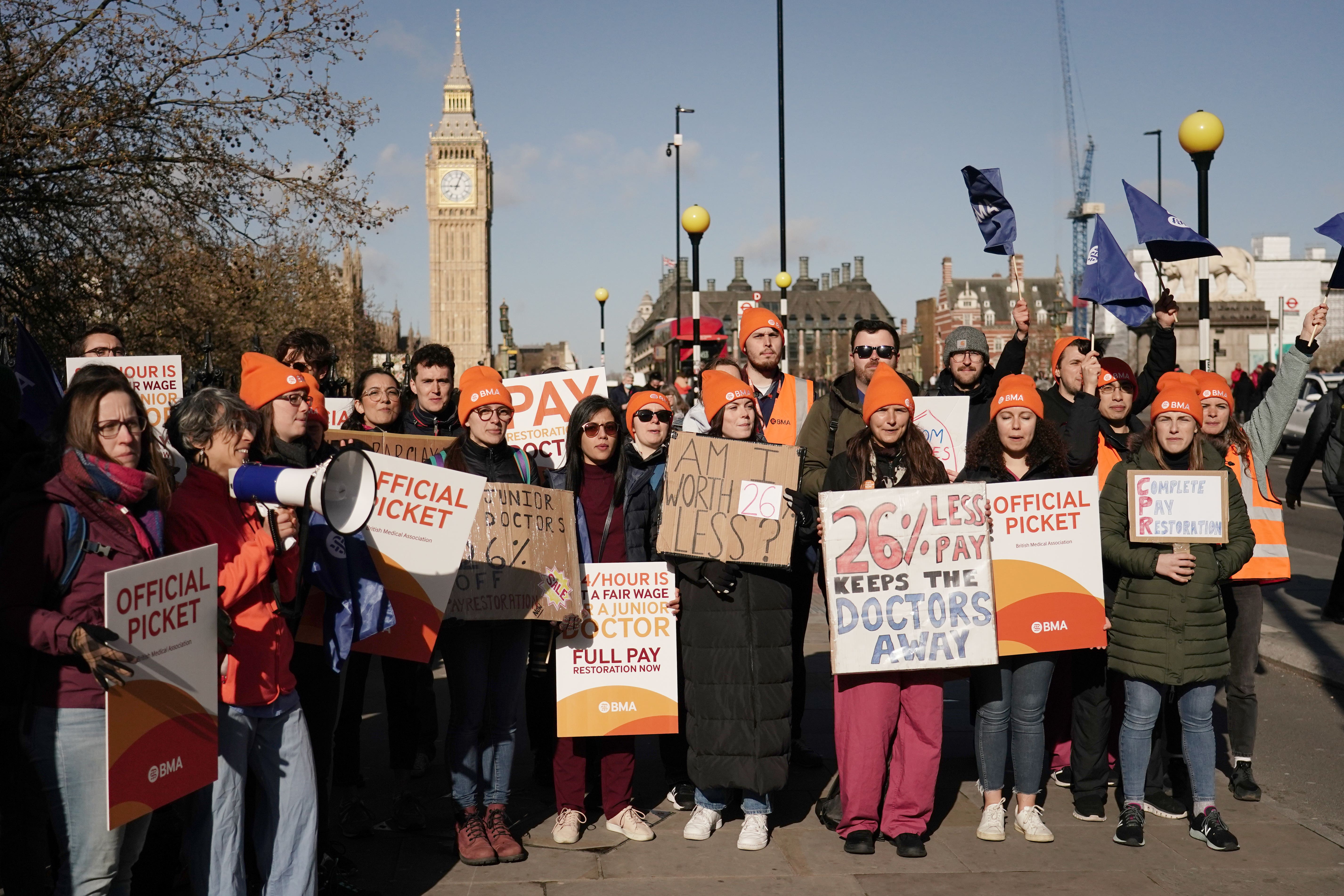 Striking NHS junior doctors on the picket line outside St Thomas’ Hospital in London