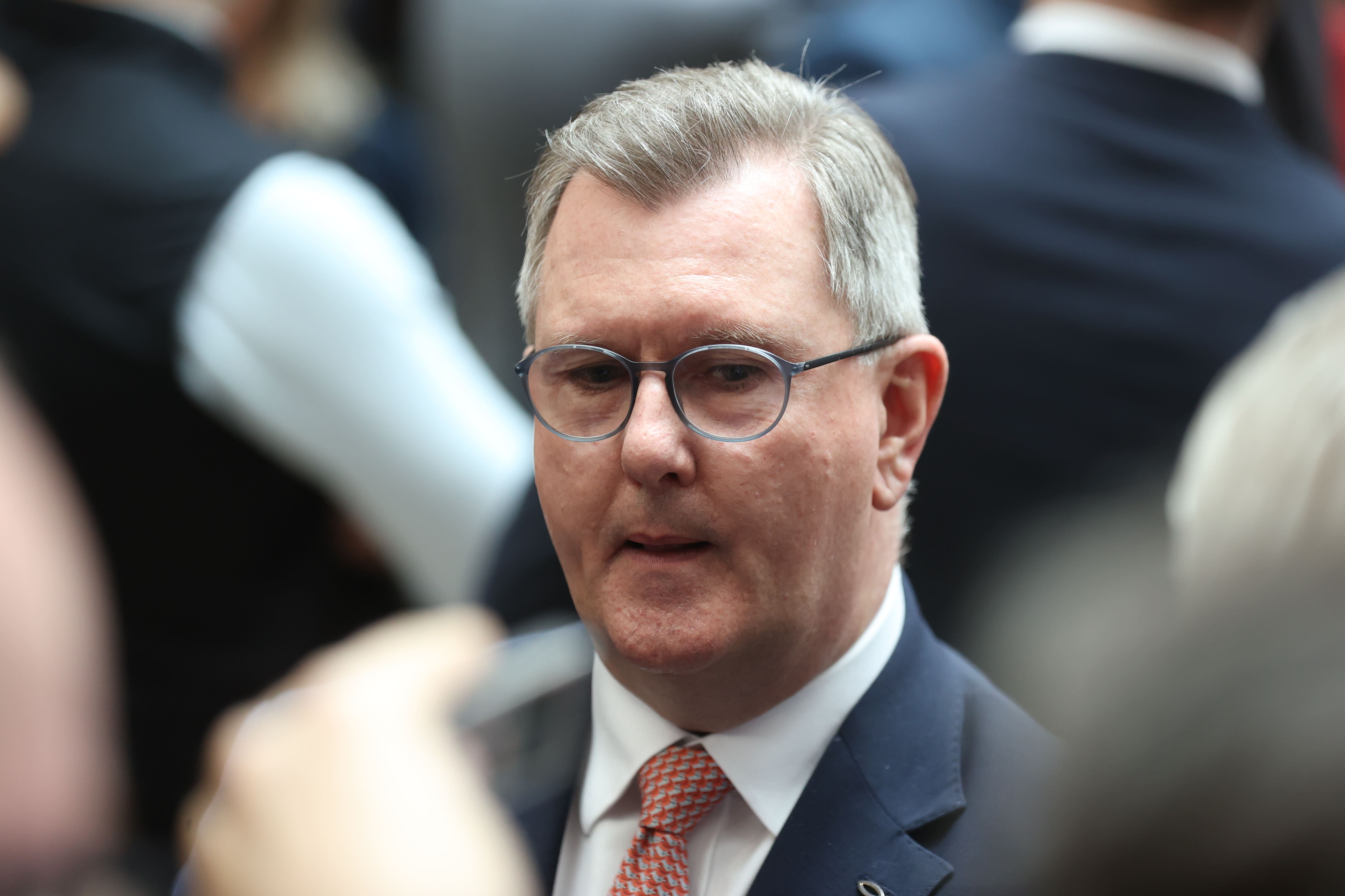 Sir Jeffery Donaldson, leader of the DUP, attends US president Joe Biden’s keynote speech at Ulster University (Liam McBurney/PA)