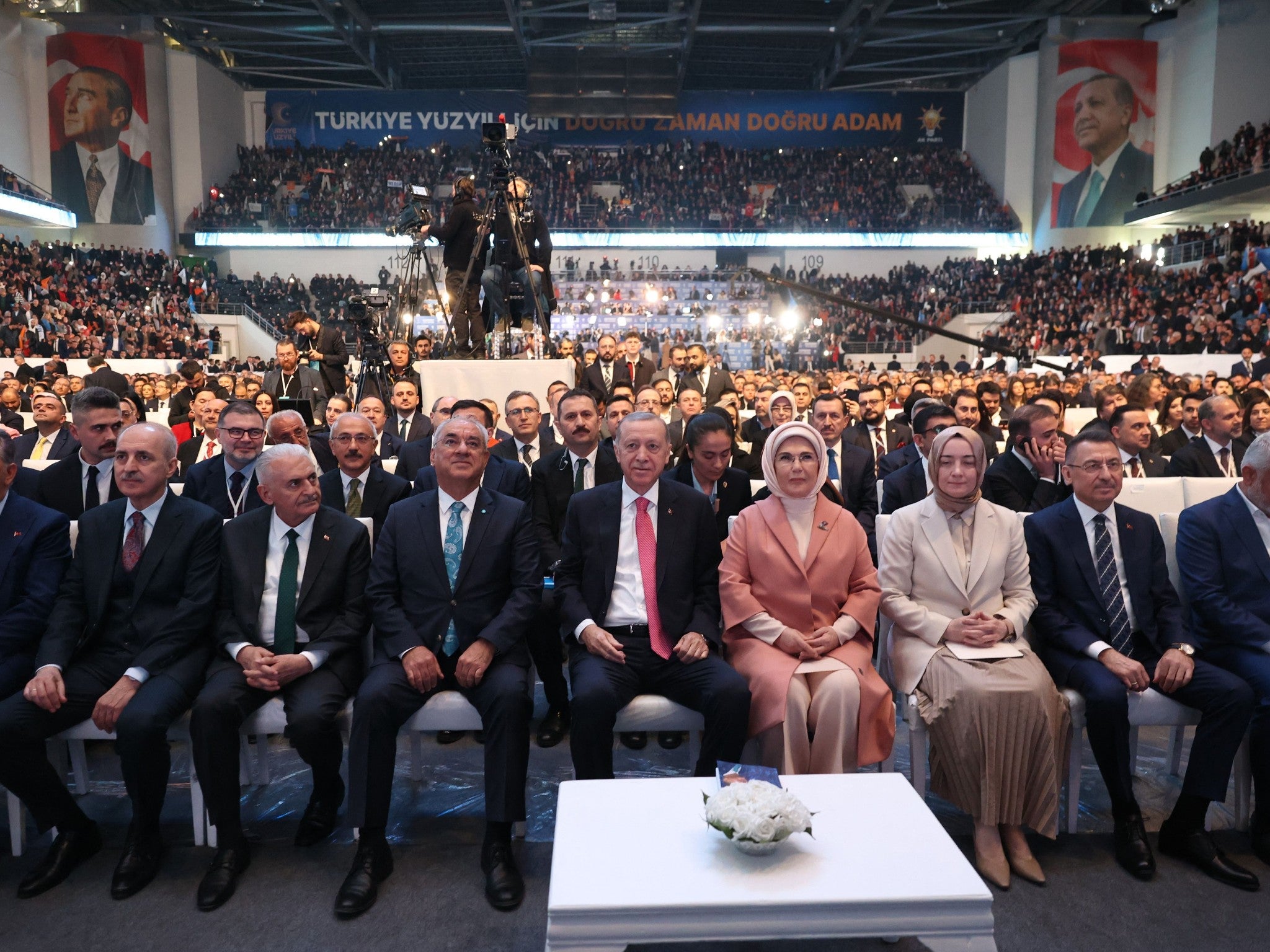 Erdogan, centre, during the event marking the launch of his party’s manifesto