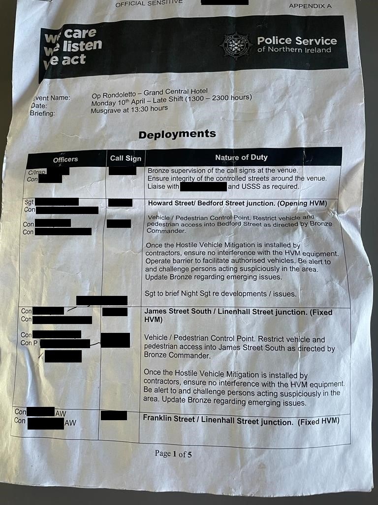 Redacted version of the security document said to have been found on the street