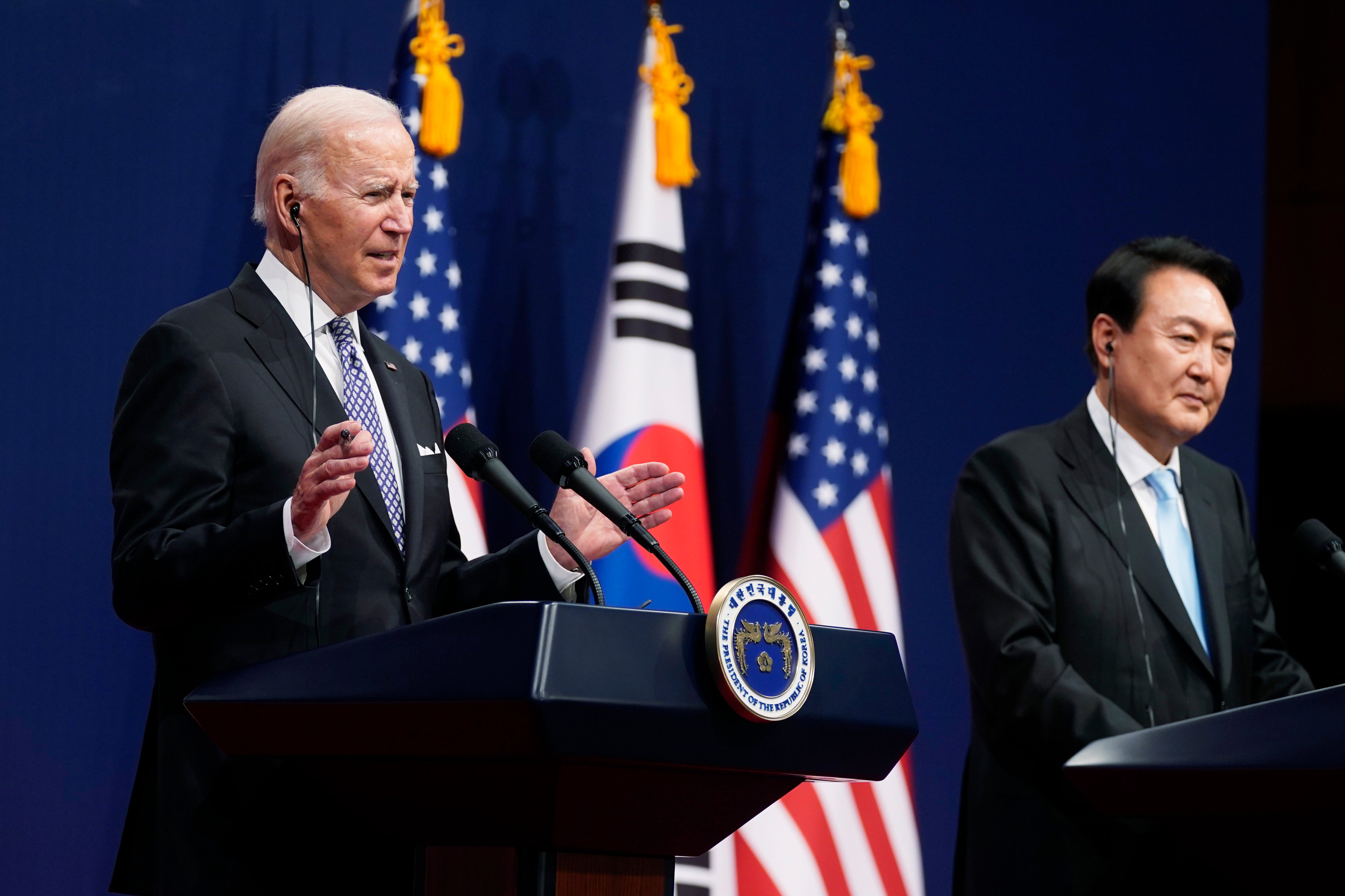 File US president Joe Biden, left, speaks as South Korean President Yoon Suk-yeol listens during a news conference at the People's House inside the Ministry of National Defense last year