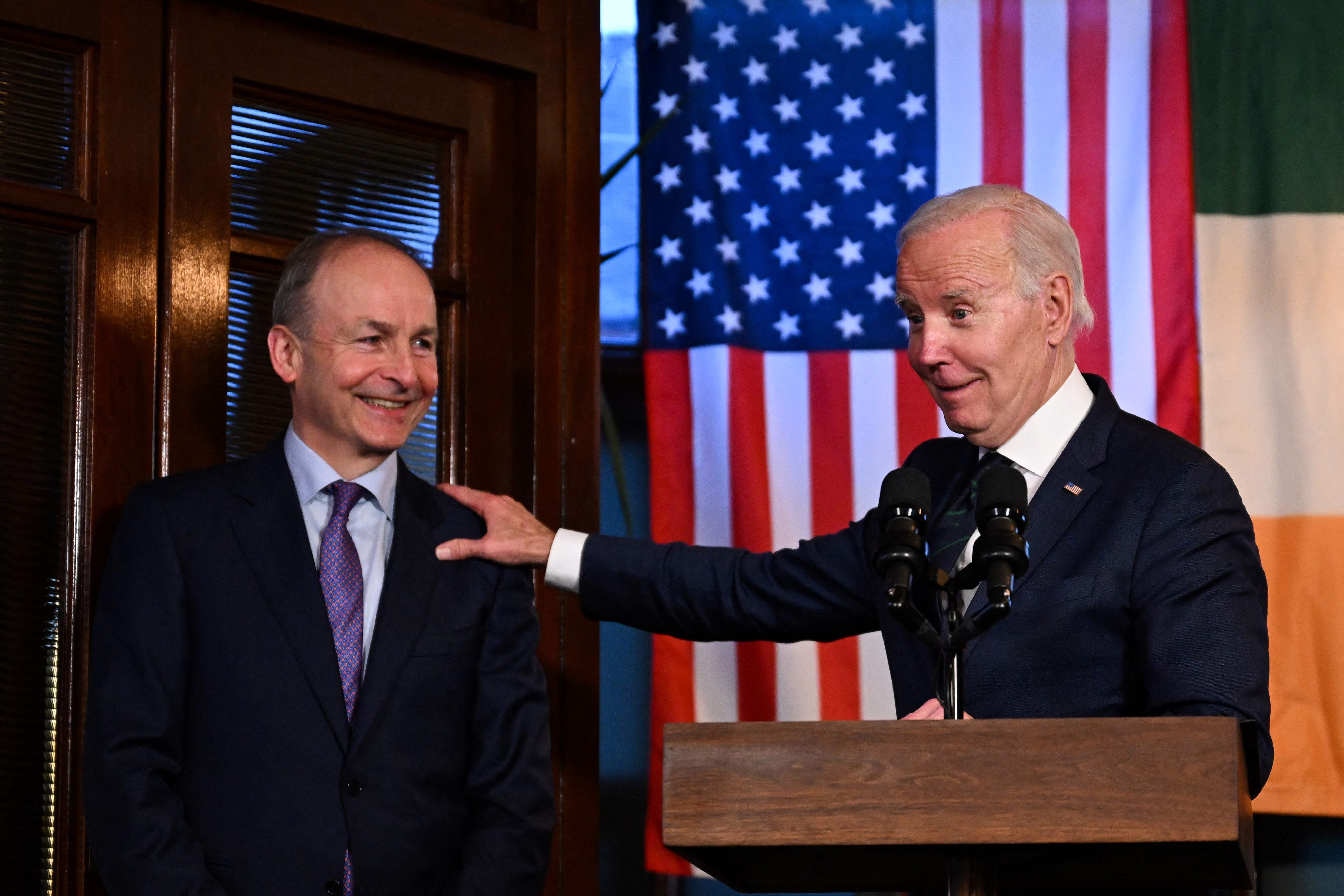 The president with Irish deputy prime minister Micheal Martin during a joint speech at the Windsor Bar in Dundalk