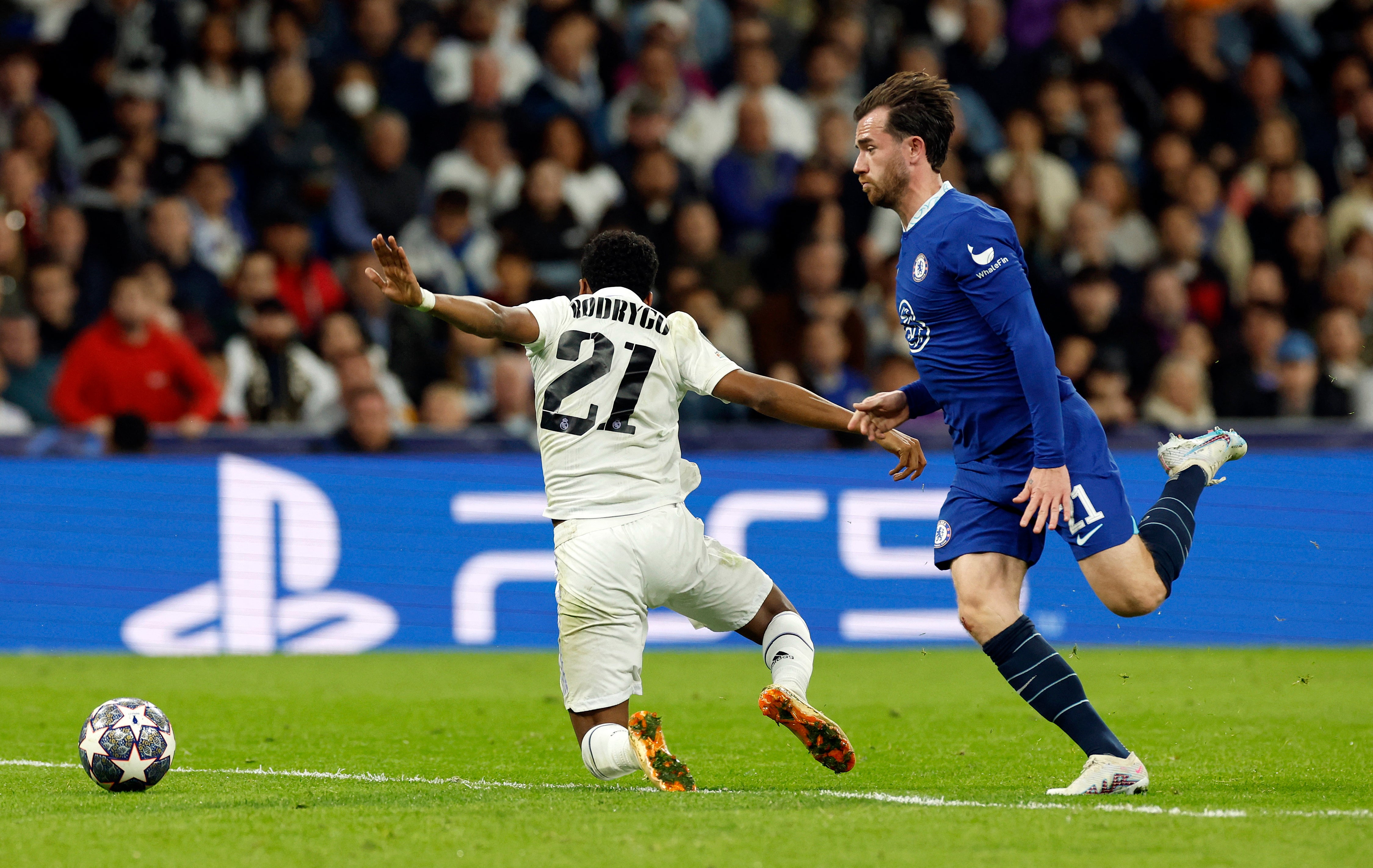 Ben Chilwell hauls down Rodrygo and concedes a penalty