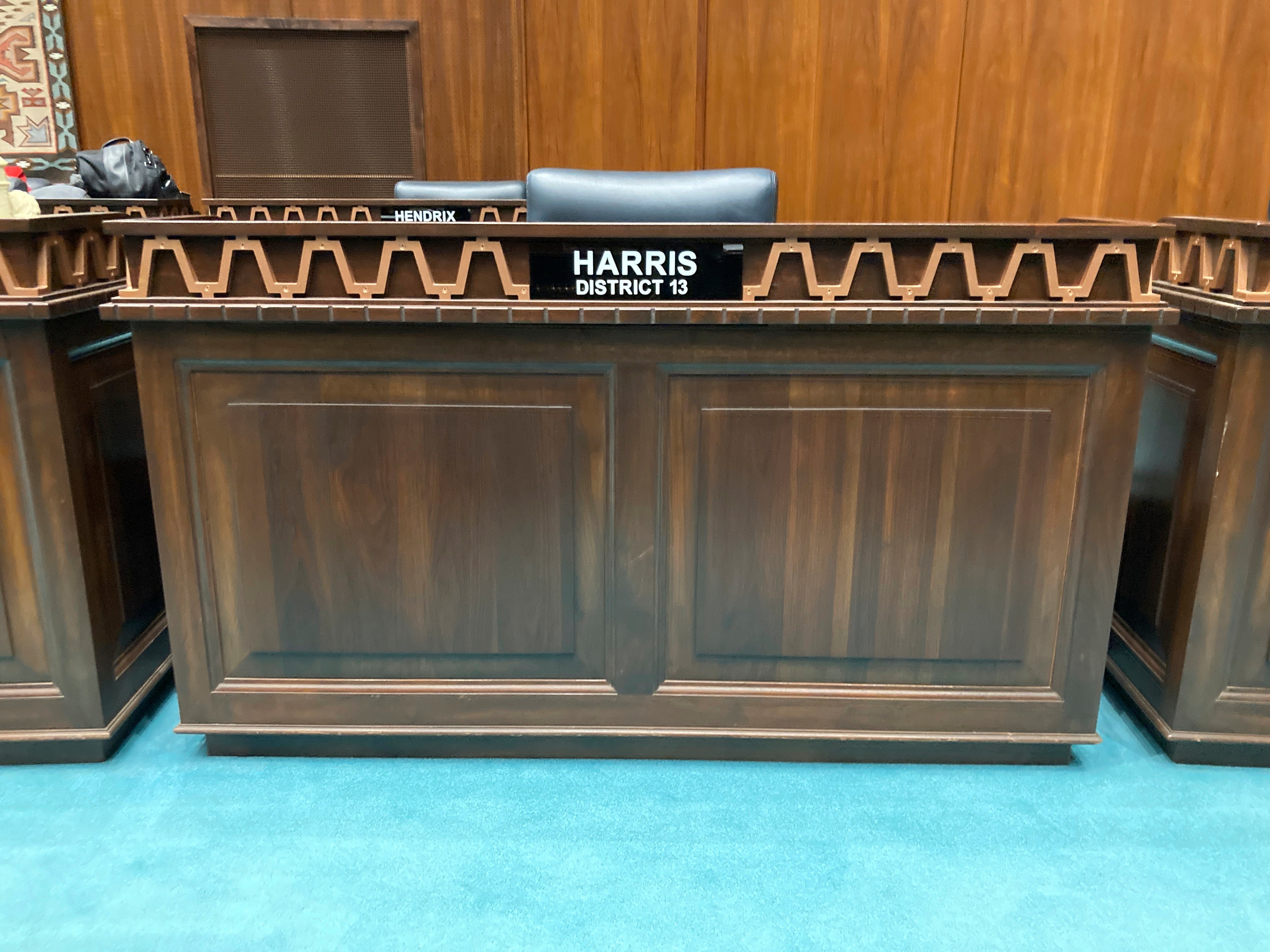 The desk used by Arizona Republican Rep. Liz Harris at the state Capitol in Phoenix stands empty moments after she was expelled from the Legislature on Wednesday, April 12, 2023.