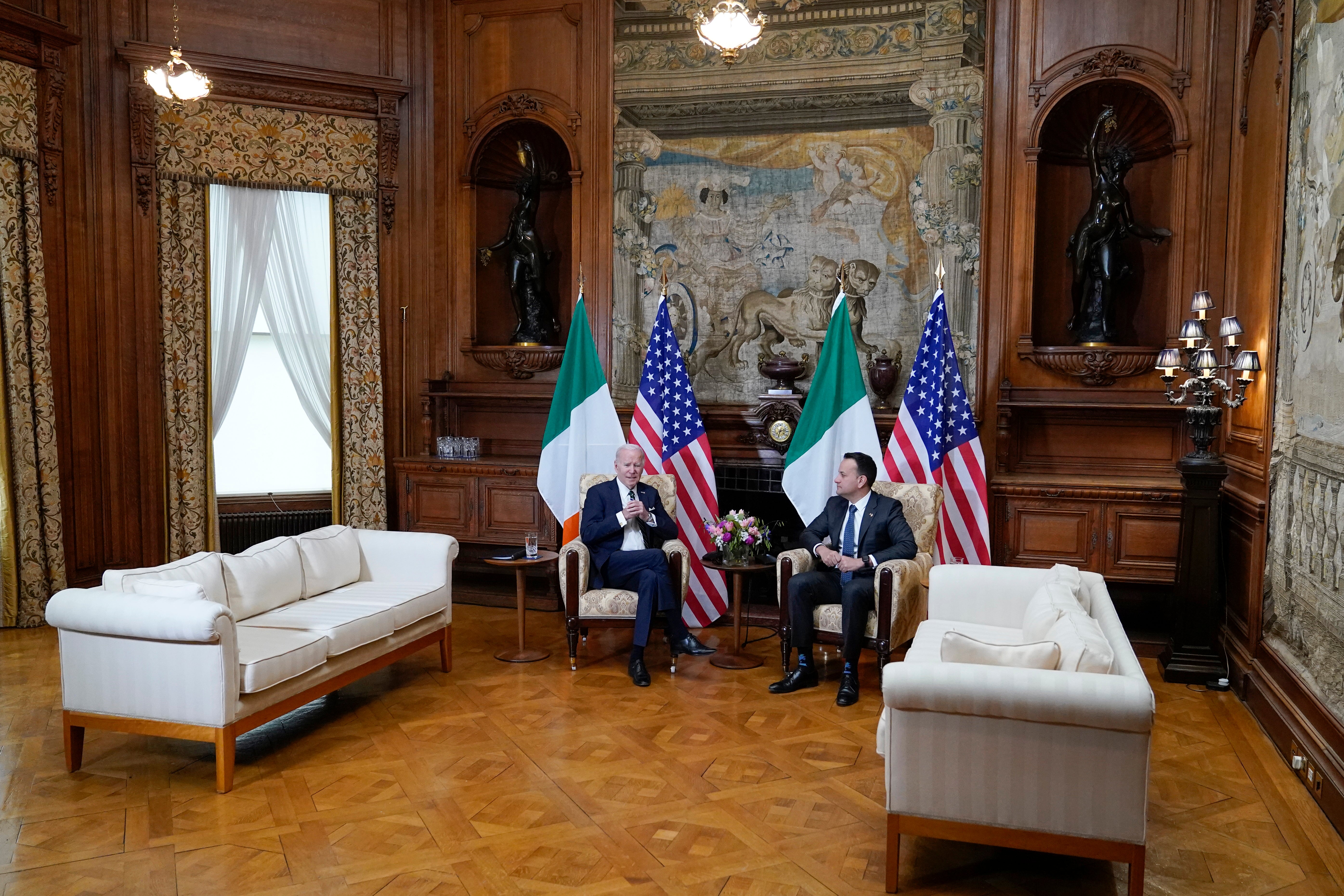 Biden and Varadkar speak before cameras in Farmleigh House