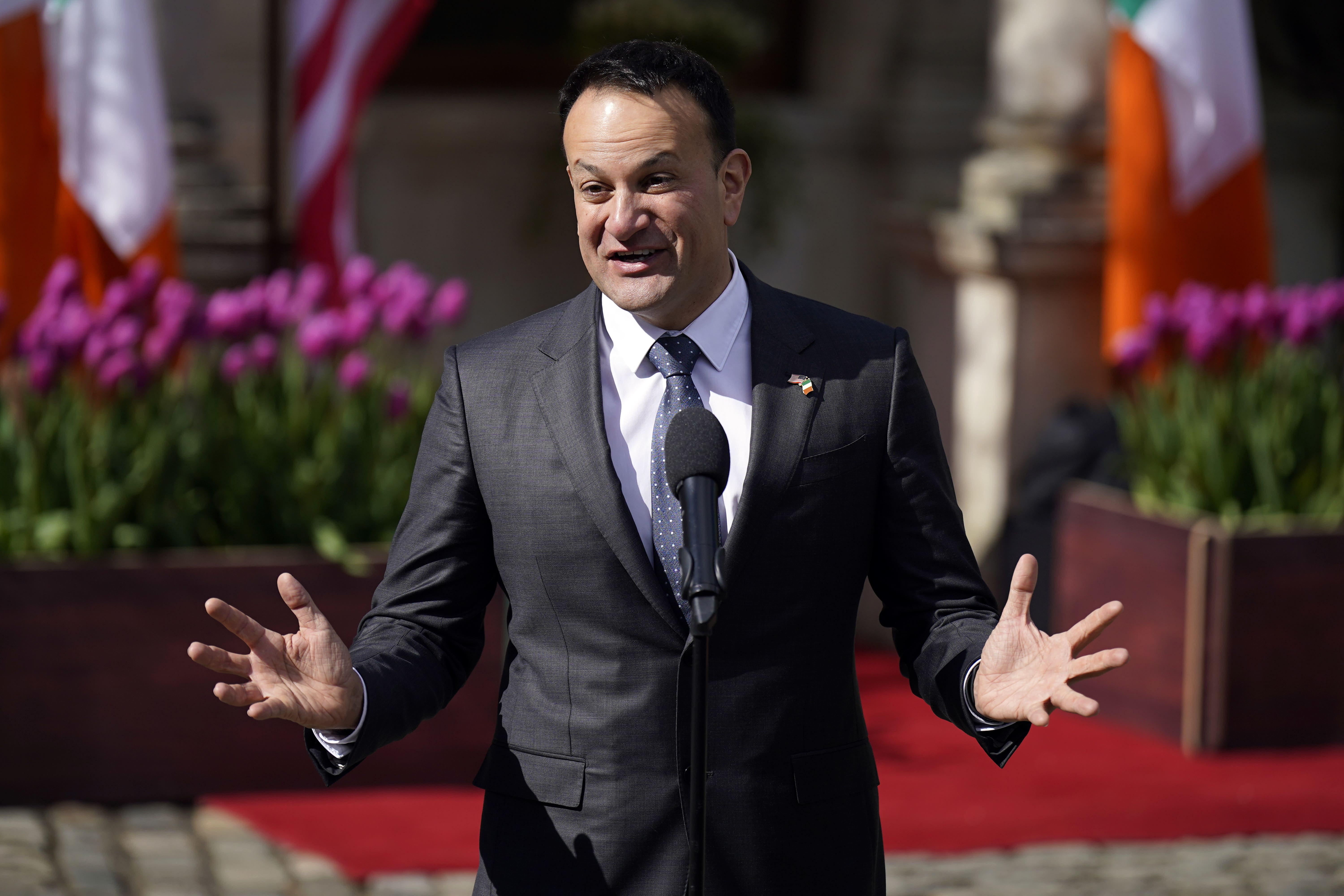 Taoiseach Leo Varadkar speaks to the media outside Farmleigh House, Dublin, after a meeting with US President Joe Biden (Niall Carson/PA)