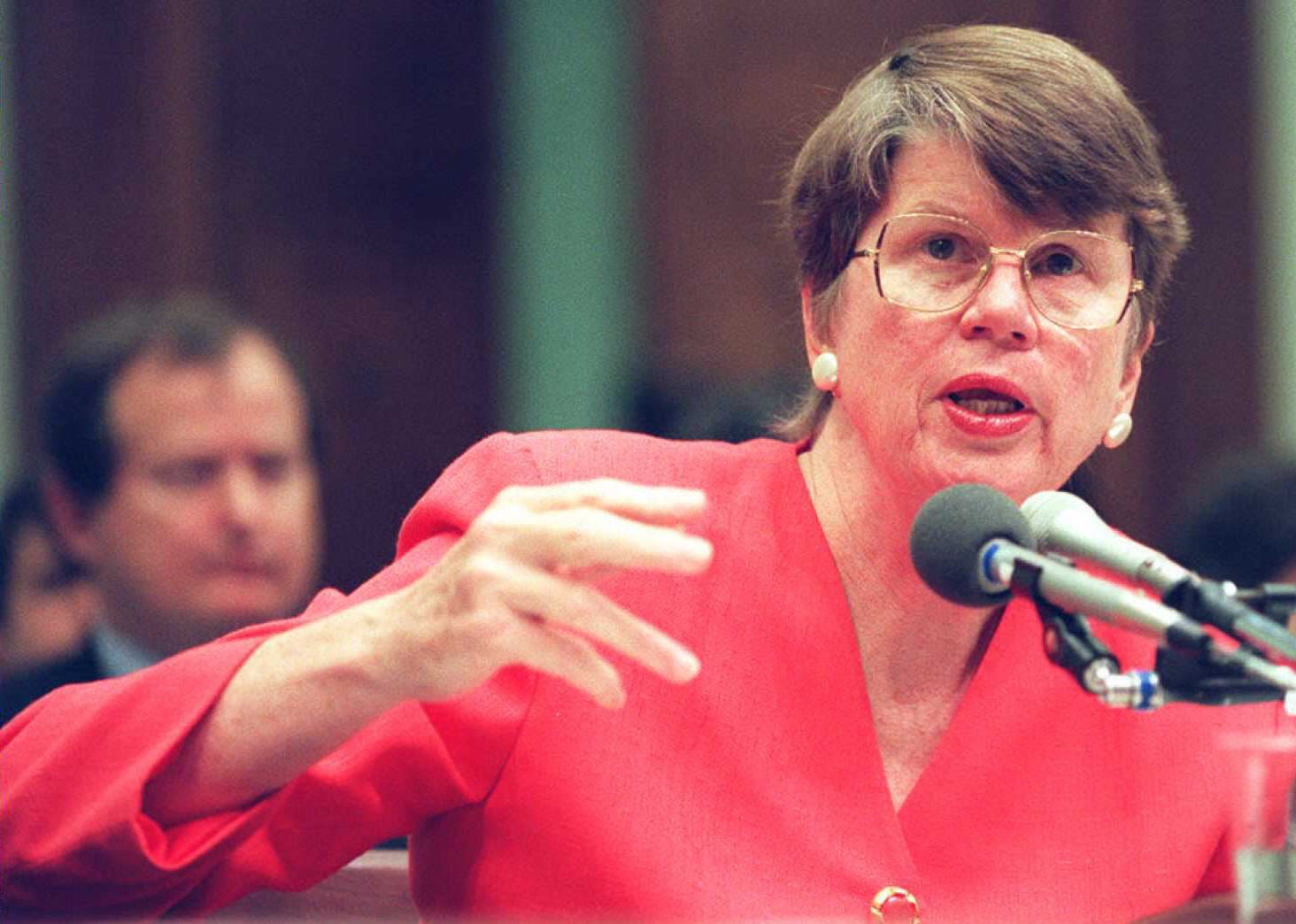 US attorney general Janet Reno testifies to a House subcommittee on Capitol Hill about the 1993 raid