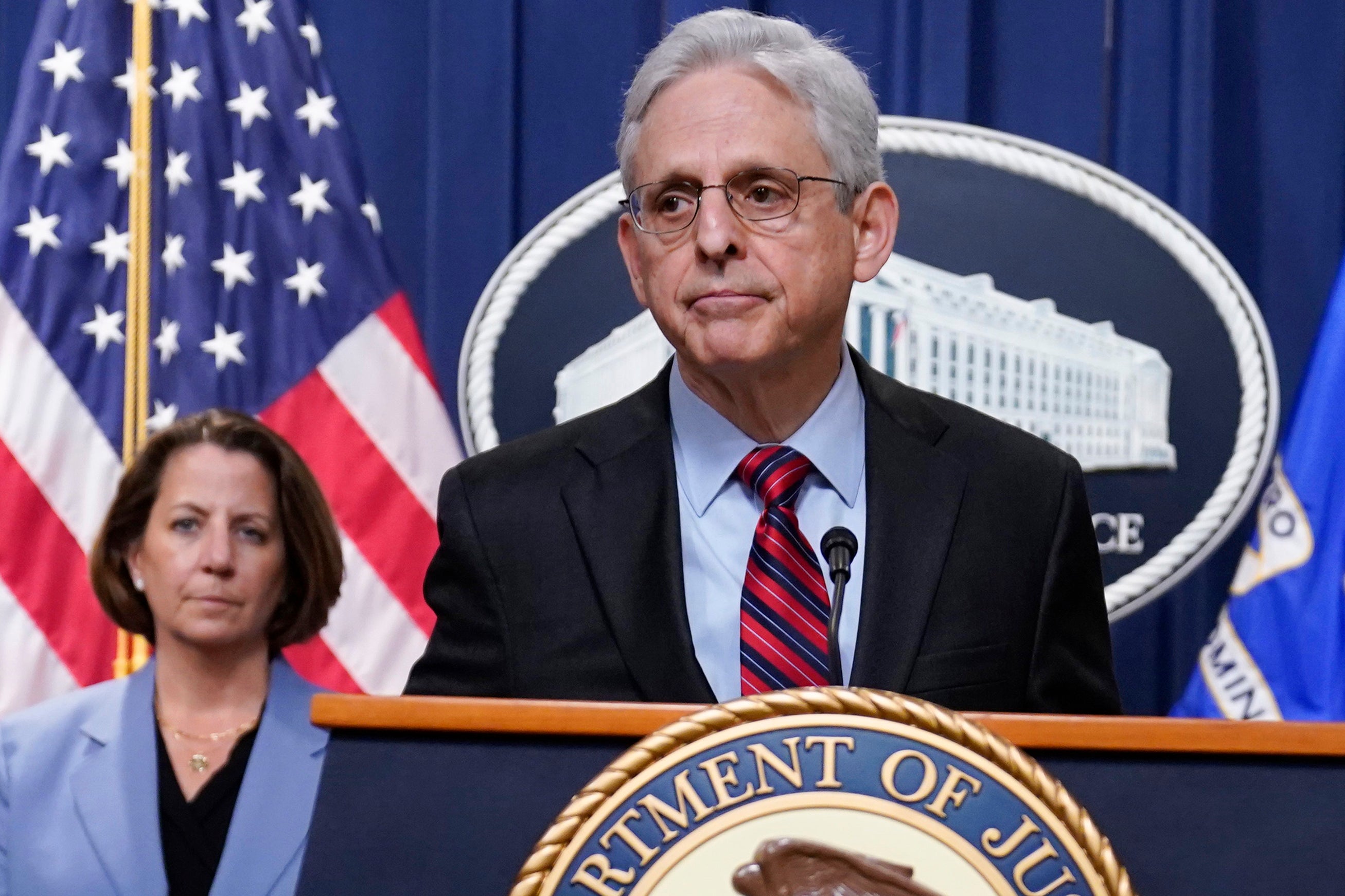 Attorney General Merrick Garland speaks at the Department of Justice in Washington, Thursday, April 13, 2023.