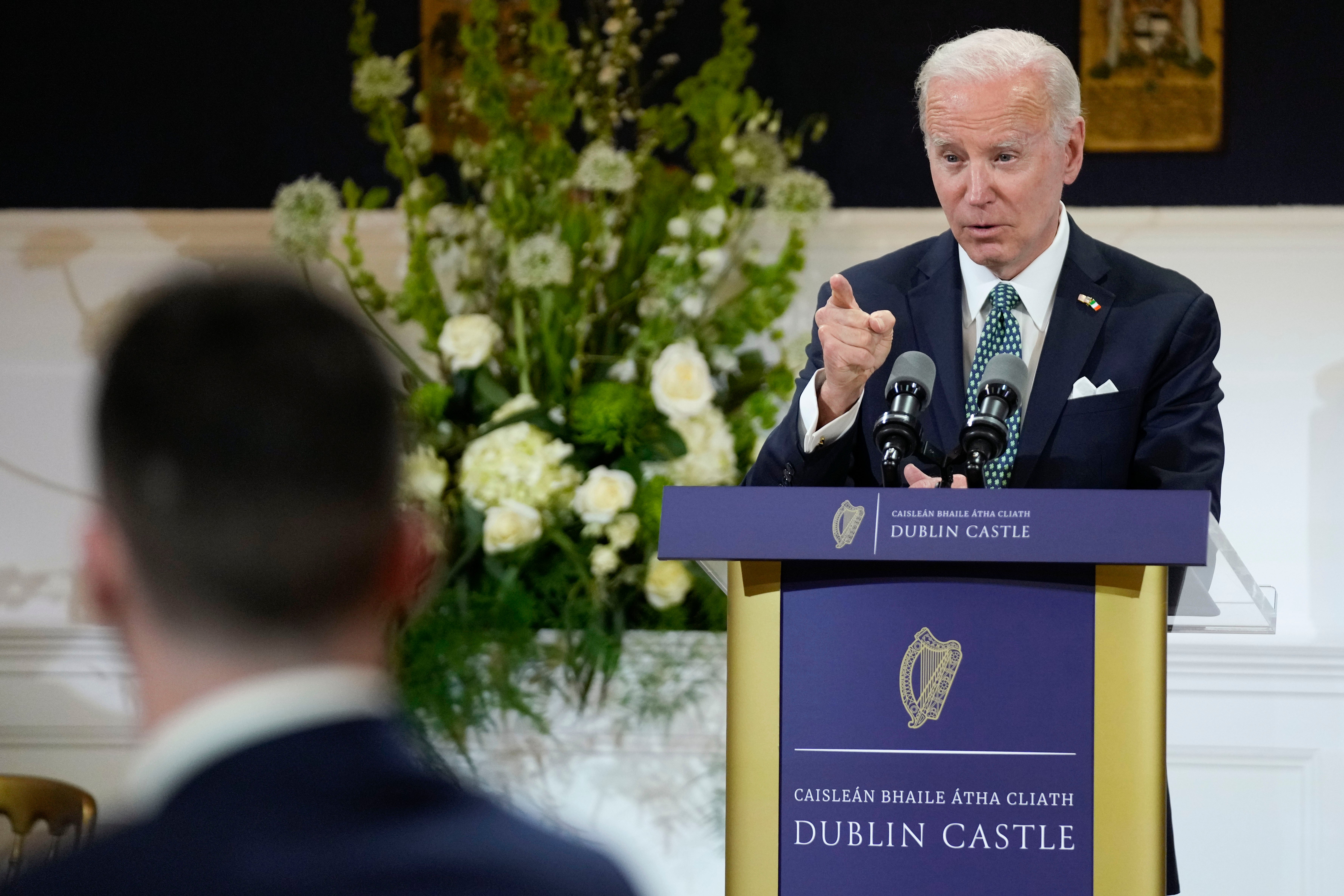 President Joe Biden speaks during a banquet dinner at Dublin Castle