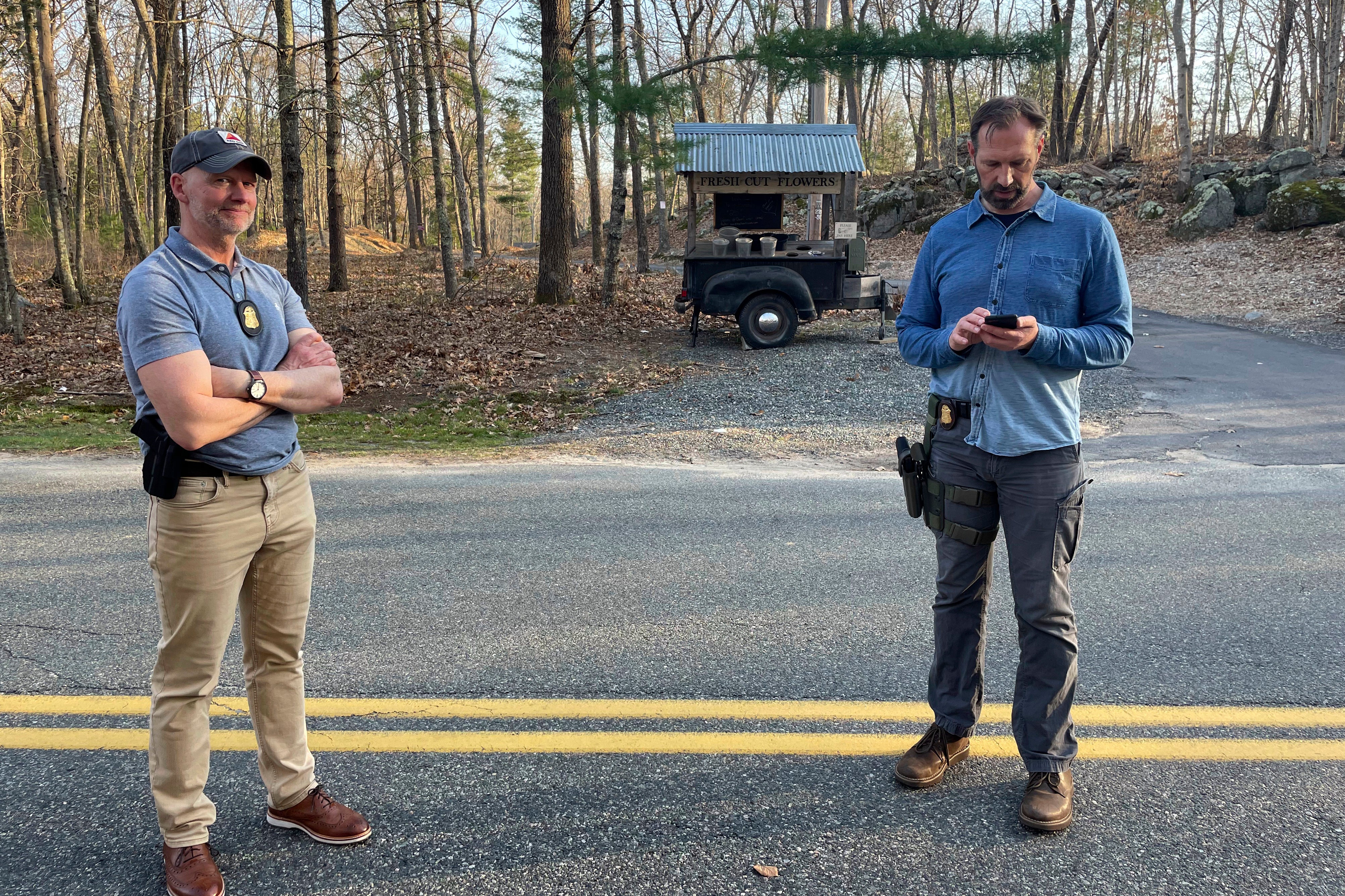 FBI officials guard the driveway where Jack Teixeira, a Massachusetts Air National Guard member, was taken into custody.