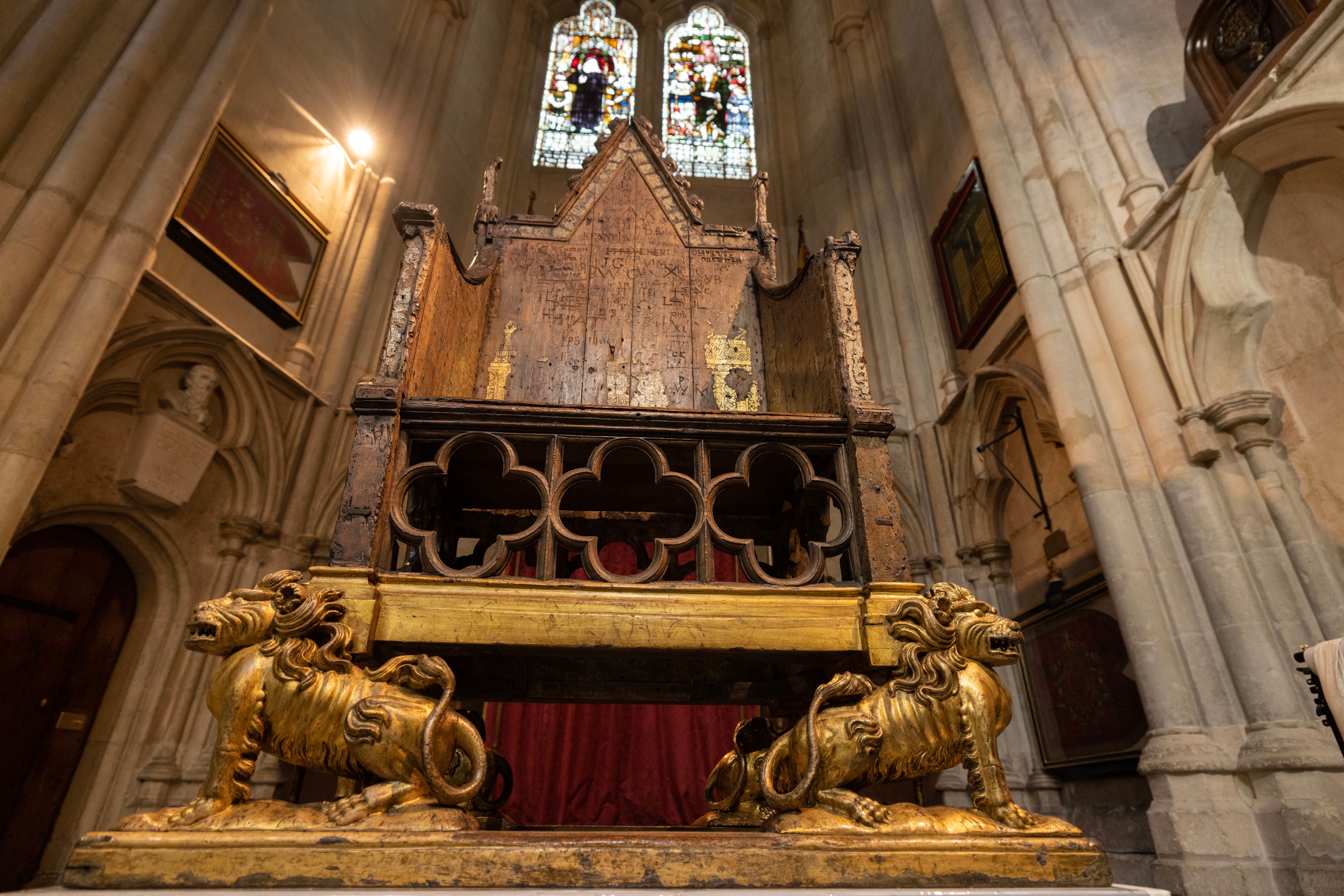 The Coronation Chair is seen inside Westminster Abbey in London, ahead of the coronation of King Charles III