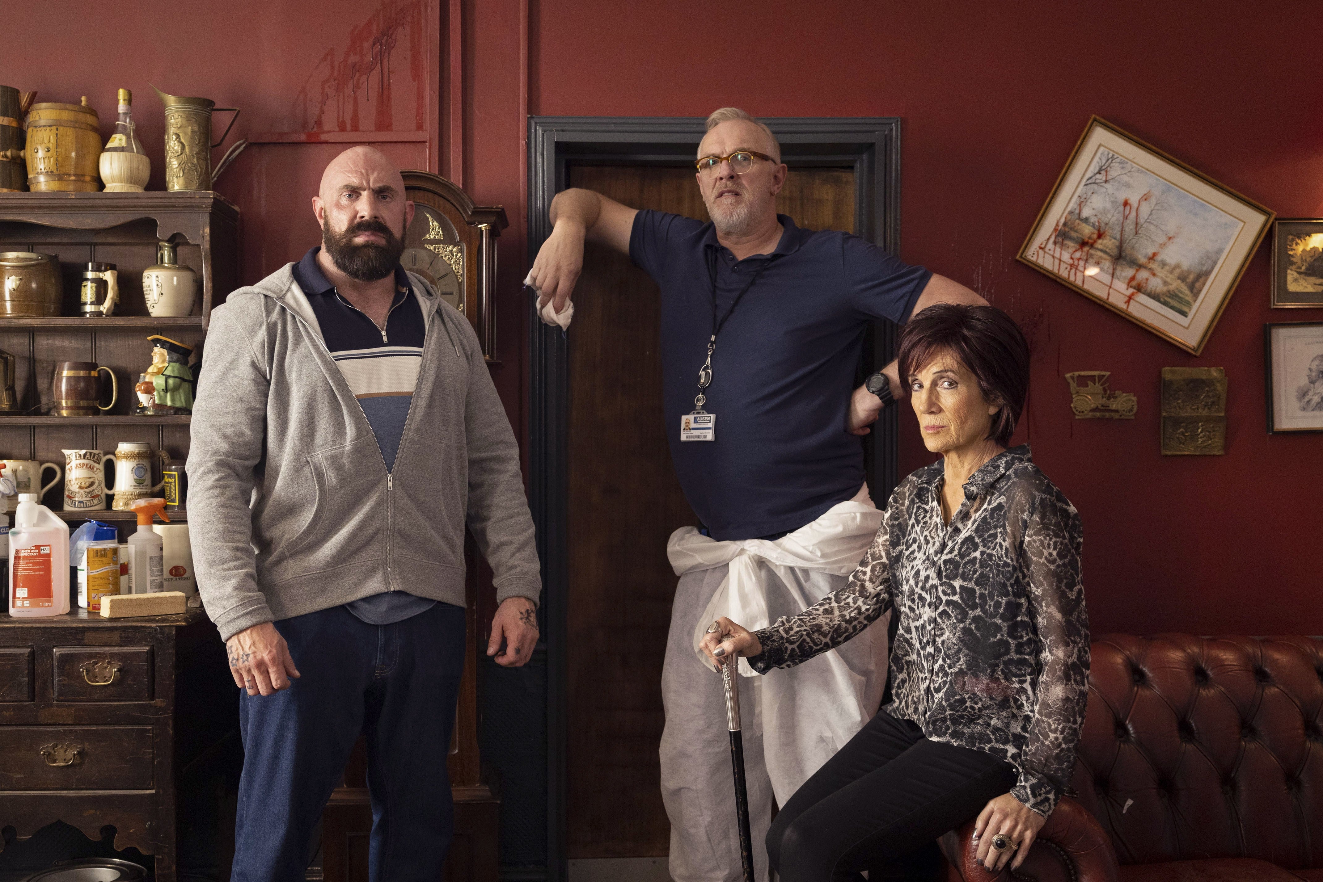 Charlie Rawes, Greg Davies and Harriet Walter in ‘The Cleaner’