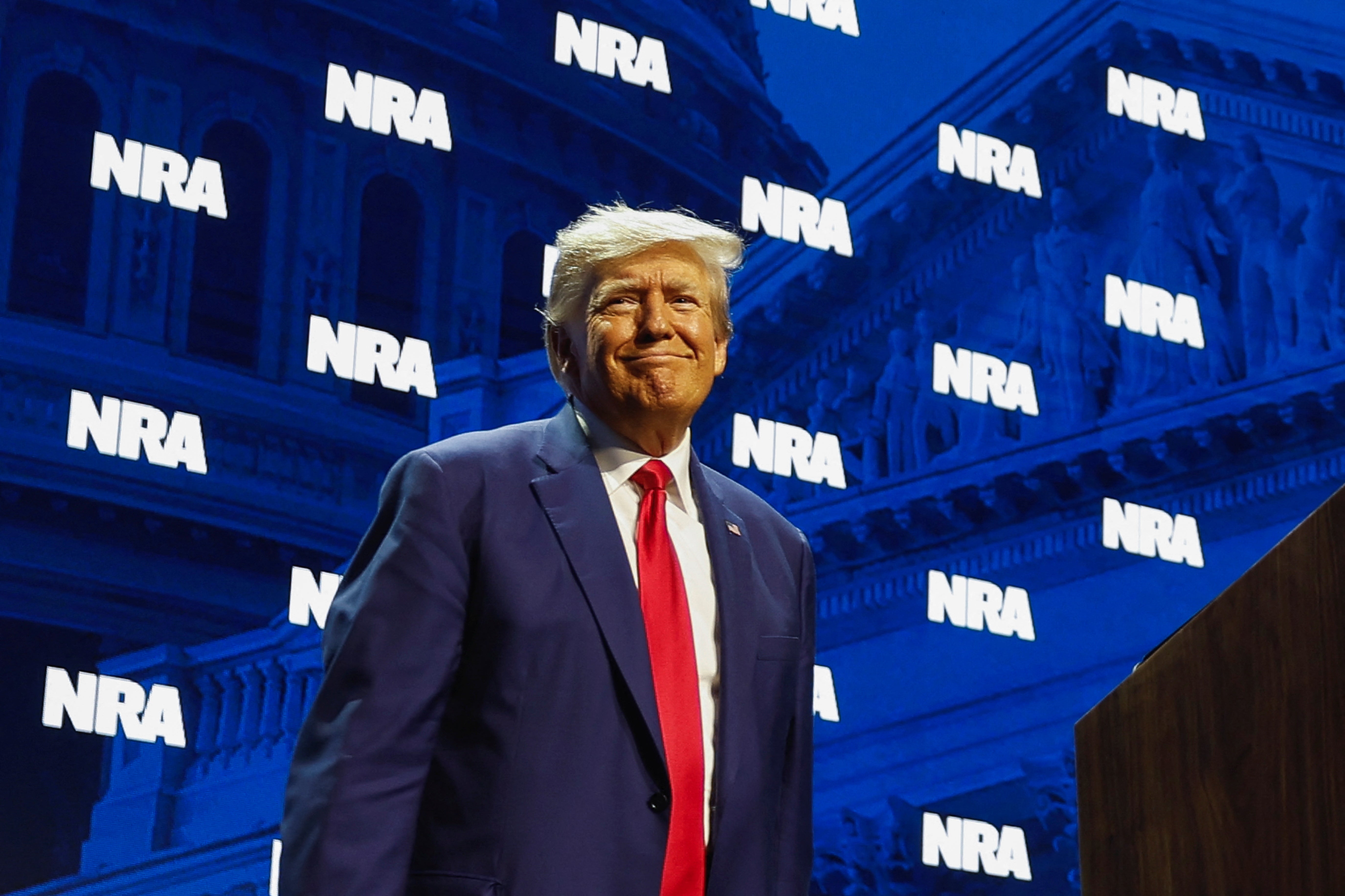 Former U.S. President Donald Trump attends the National Rifle Association (NRA) annual convention in Indianapolis, Indiana, U.S., April 14, 2023