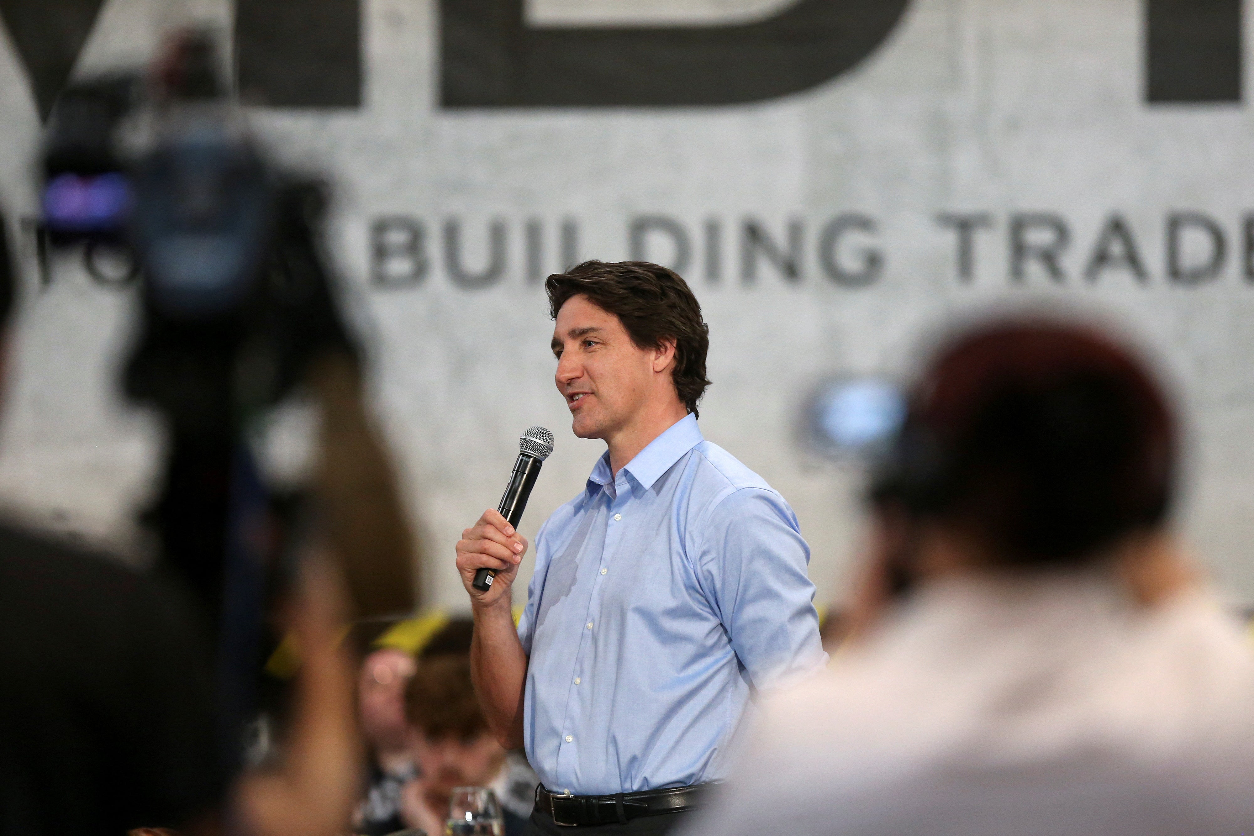 Justin Trudeau holds a town hall meeting at the Manitoba Building Trades Institute in Winnipeg, Manitoba