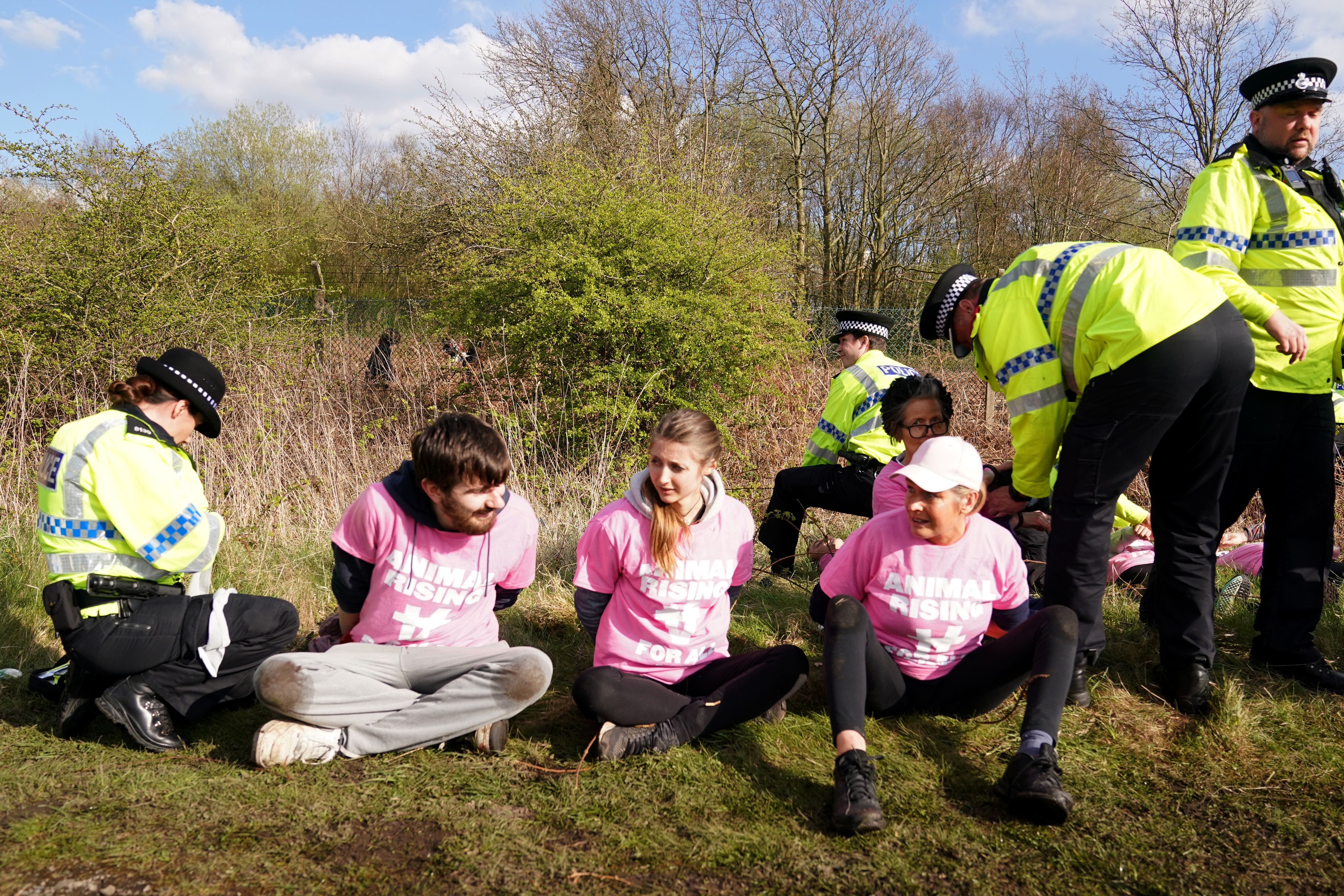 Protesters detained by police during the Grand National Festival (Tim Goode/PA)