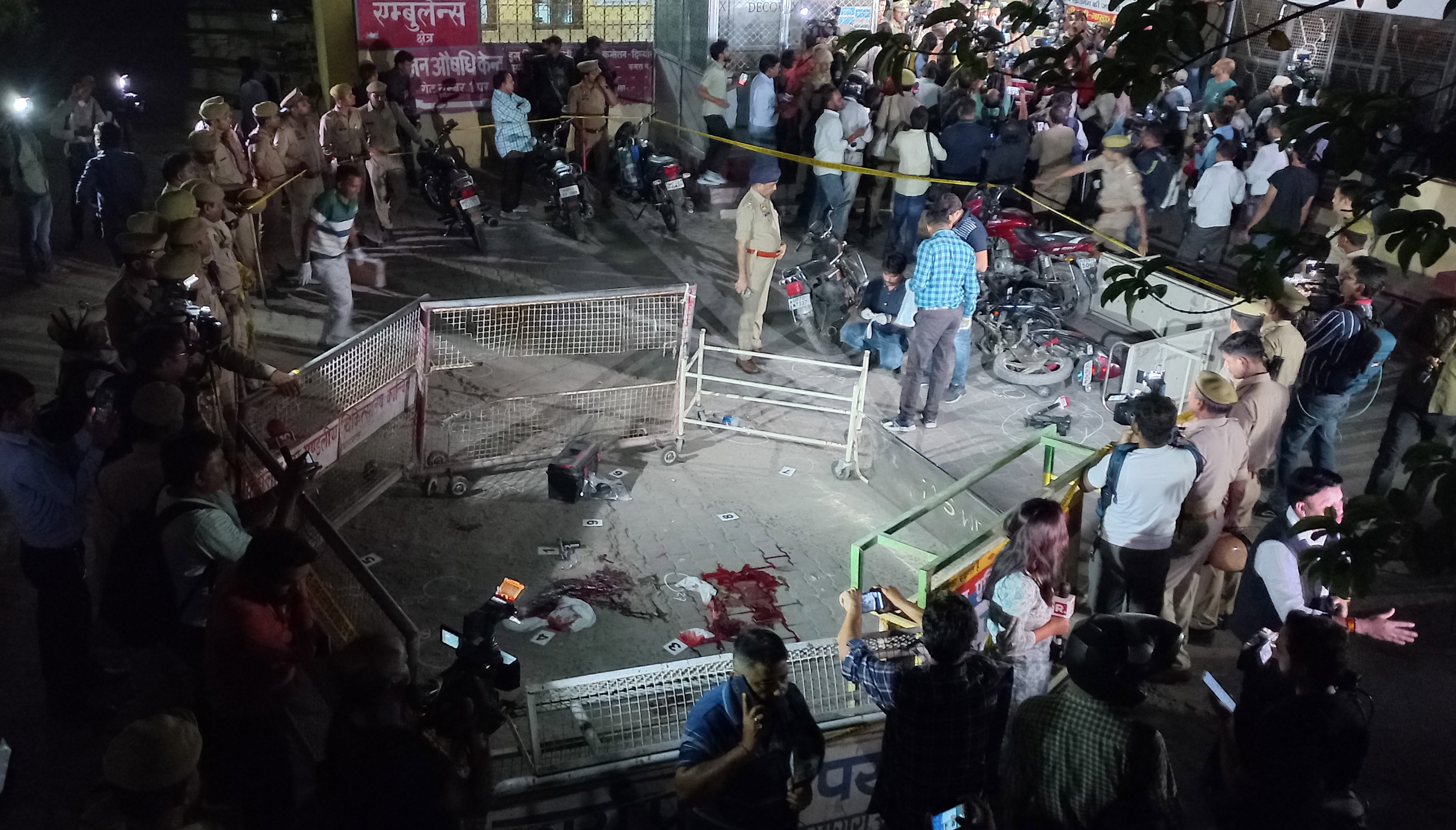 The cordoned-off crime scene where India’s former MP Atiq Ahmed was killed along with his brother, at the MLN Medical College premises in Prayagraj