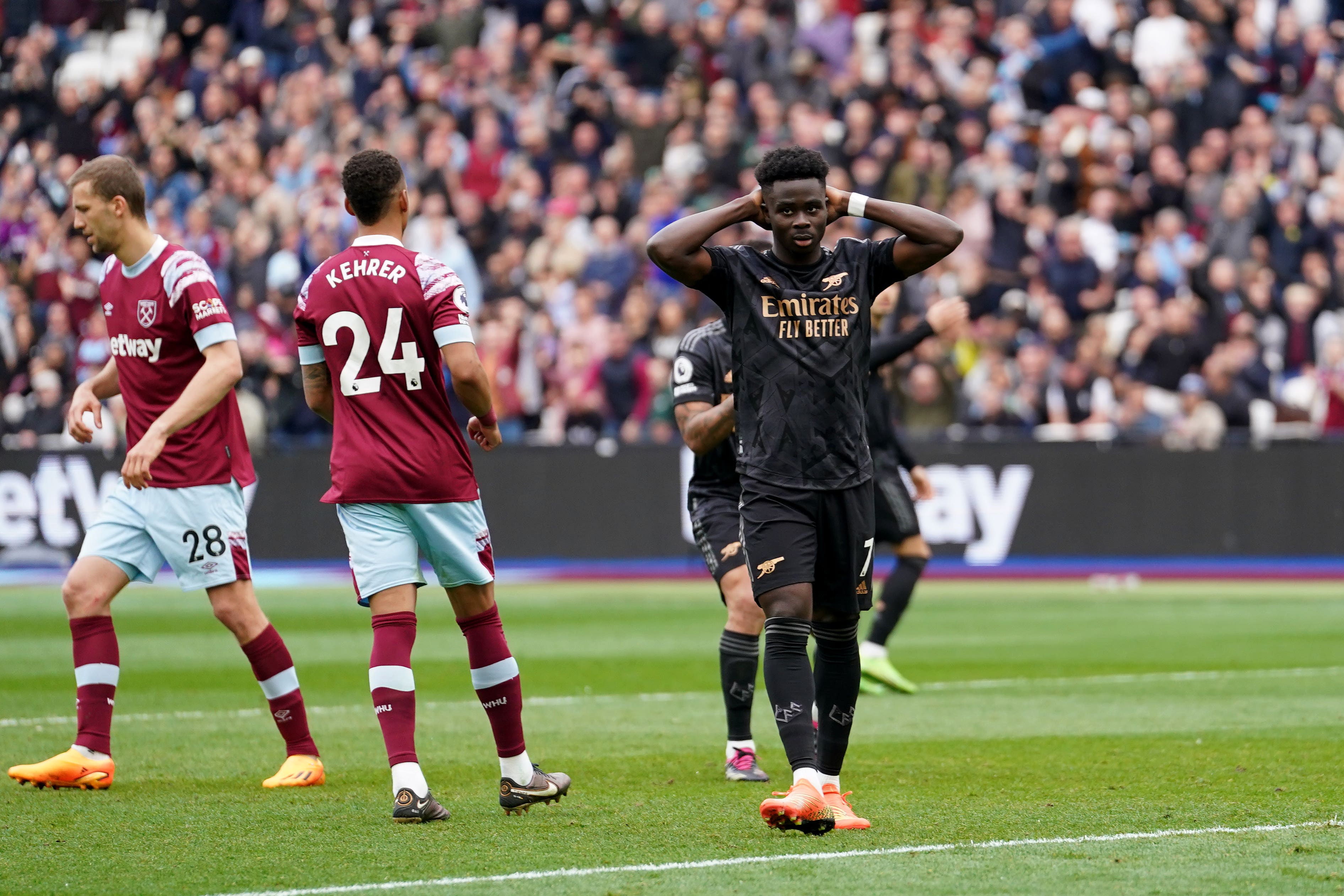 Bukayo Saka missed a penalty as Arsenal surrendered a 2-0 lead to West Ham (Adam Davy/PA)