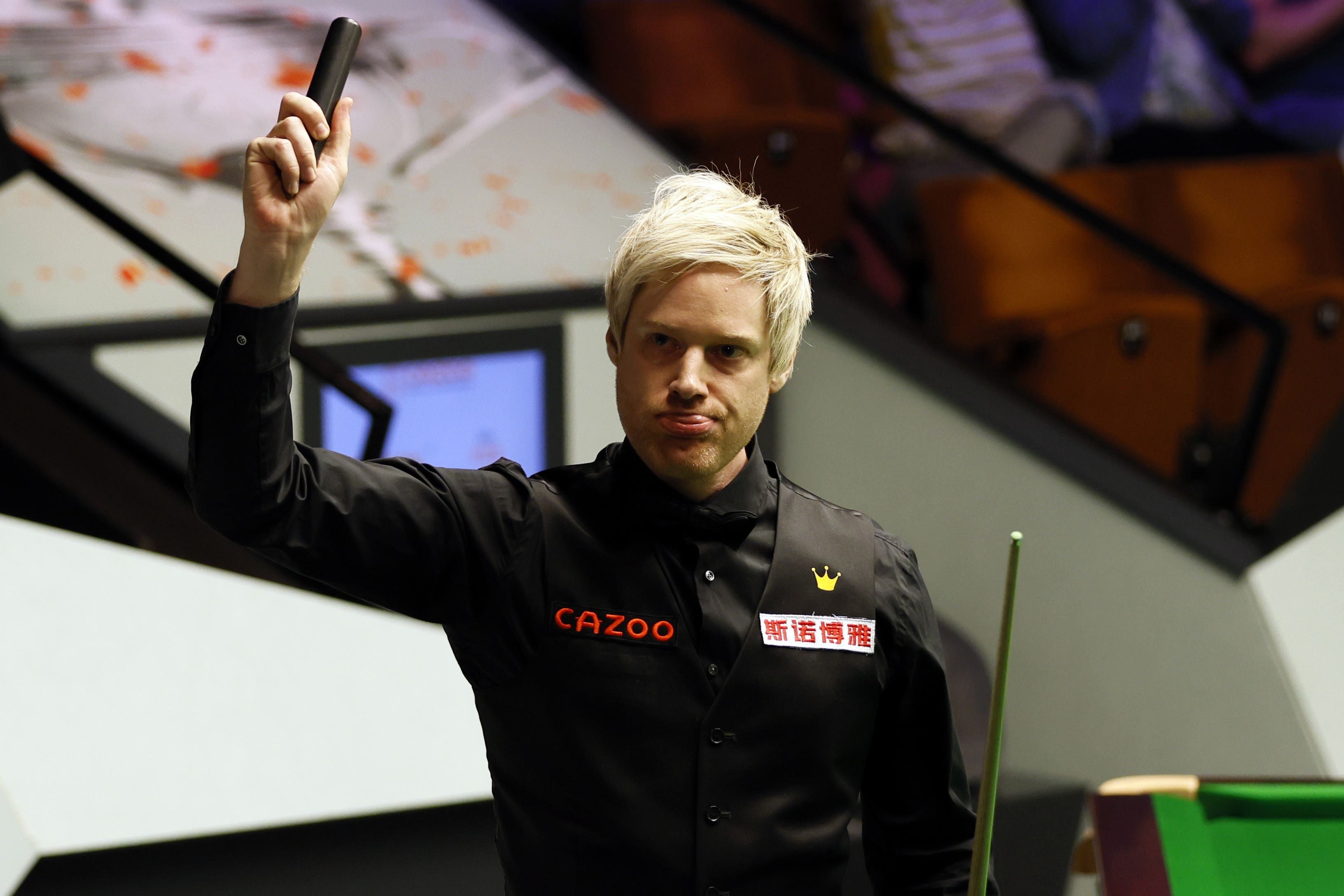 Neil Robertson celebrates his second break of 146 during day two of the Cazoo World Snooker Championship at the Crucible Theatre, Sheffield (Richard Sellers/PA)