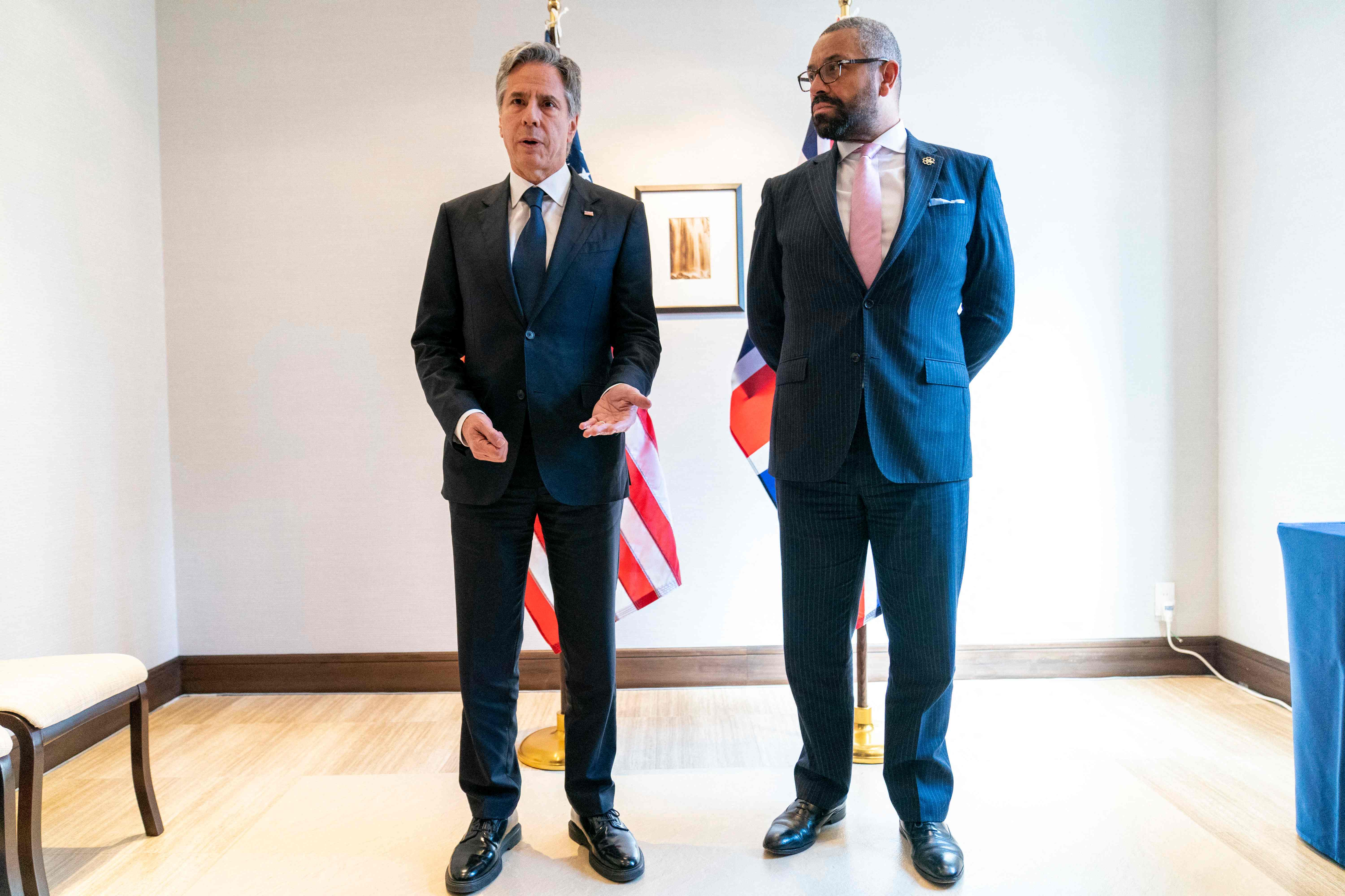 US secretary of state Antony Blinken and British foreign secretary James Cleverly give a joint statement on the situation in Sudan during a G7 Foreign Ministers’ Meeting at the Prince Karuizawa hotel in Karuizawa on 17 April 2023