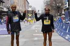 Moment Boston Marathon winners Evans Chebet and Hellen Obiri cut the finish line