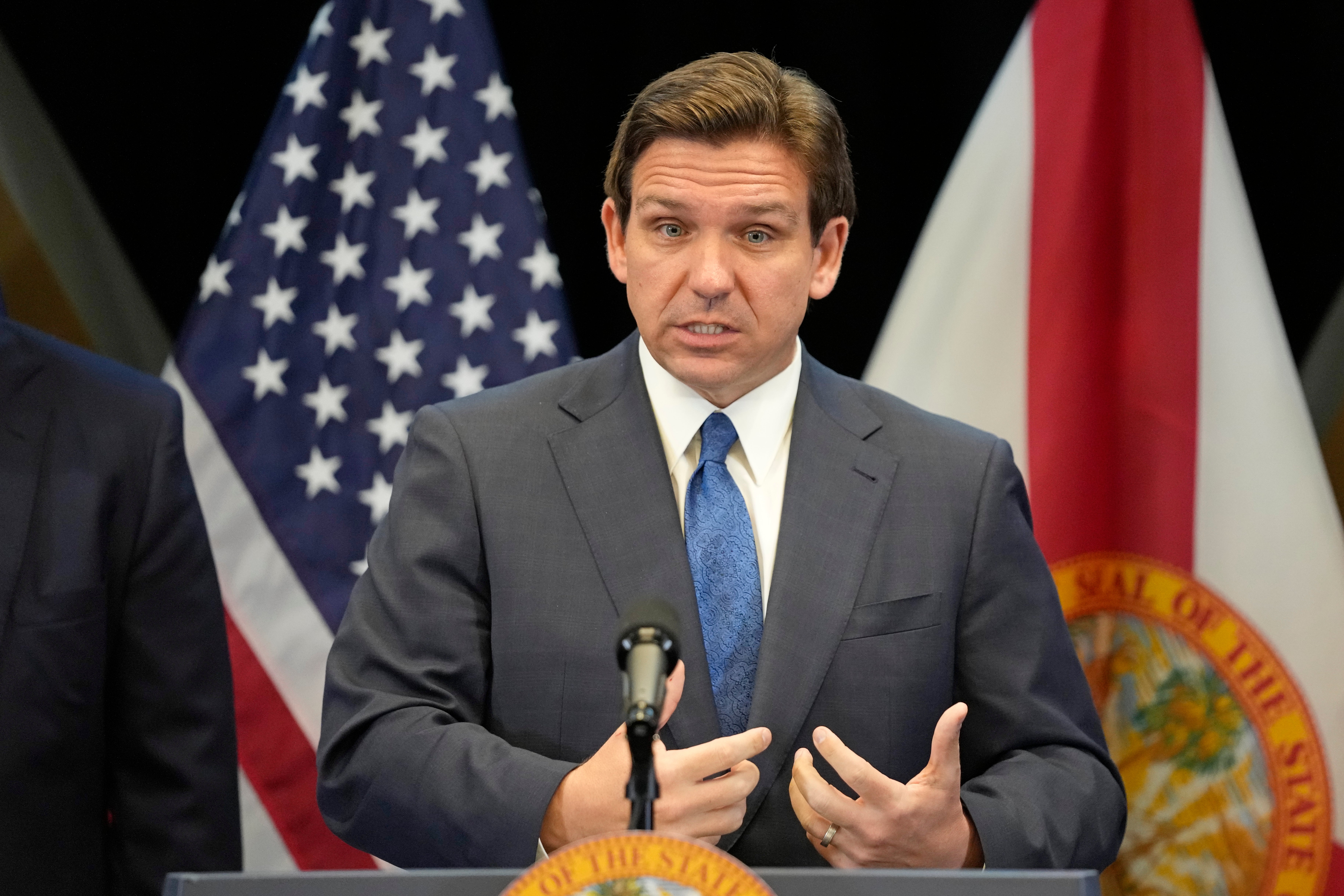 Florida Gov. Ron DeSantis speaks at a news conference at the Reedy Creek Administration Building Monday, April 17, 2023, in Lake Buena Vista, Fla