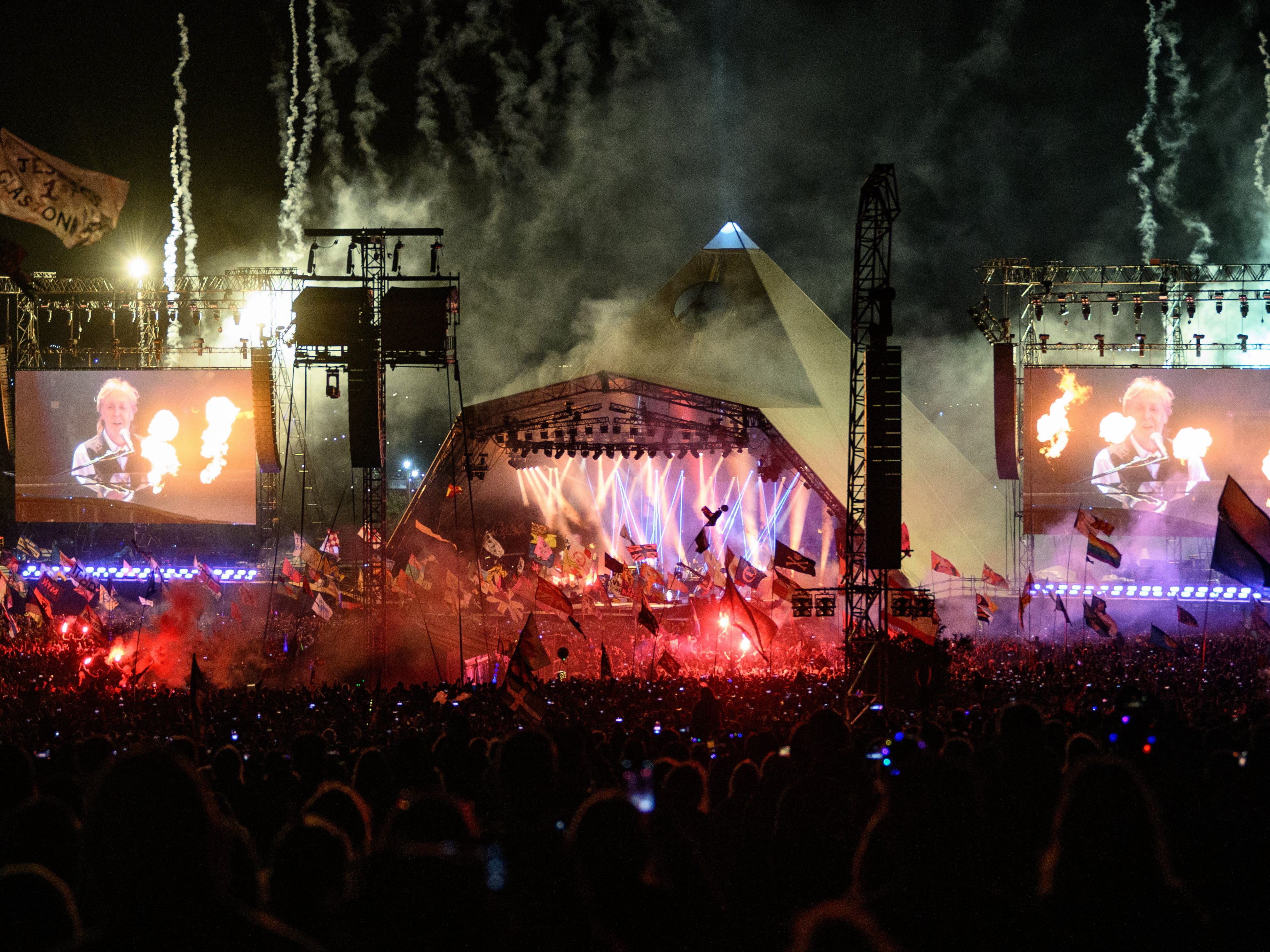 Paul McCartney performs in the headline slot on the Pyramid Stage during day four of the Glastonbury Festival