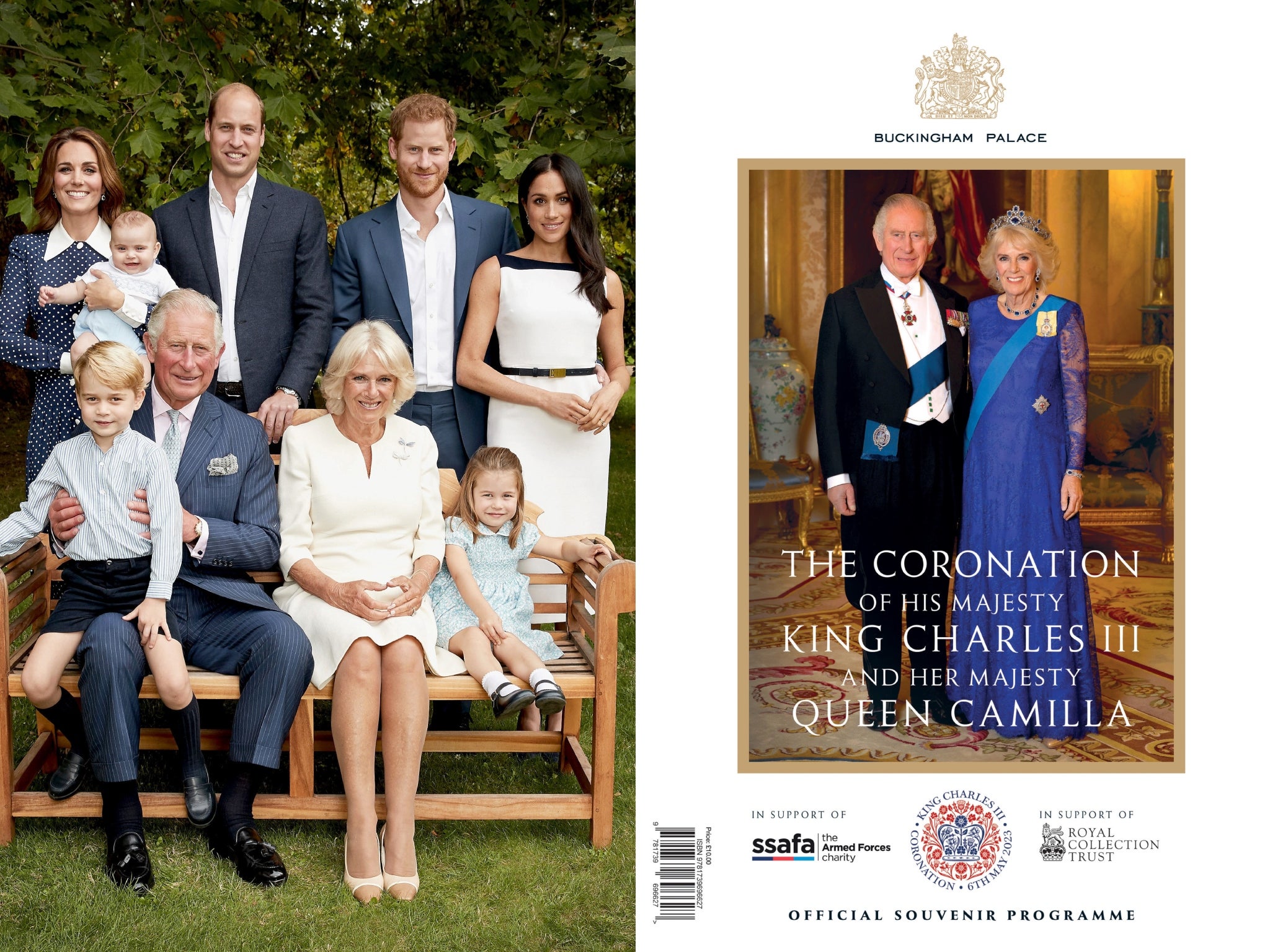 A 2018 portrait of Charles and Camilla (formerly the Prince of Wales and Duchess of Cornwall); Prince William and Kate Middleton (formerly the Duke and Duchess of Cambridge); and Prince Harry and Meghan Markle (the Duke and Duchess of Sussex) features in the official coronation souvenir programme