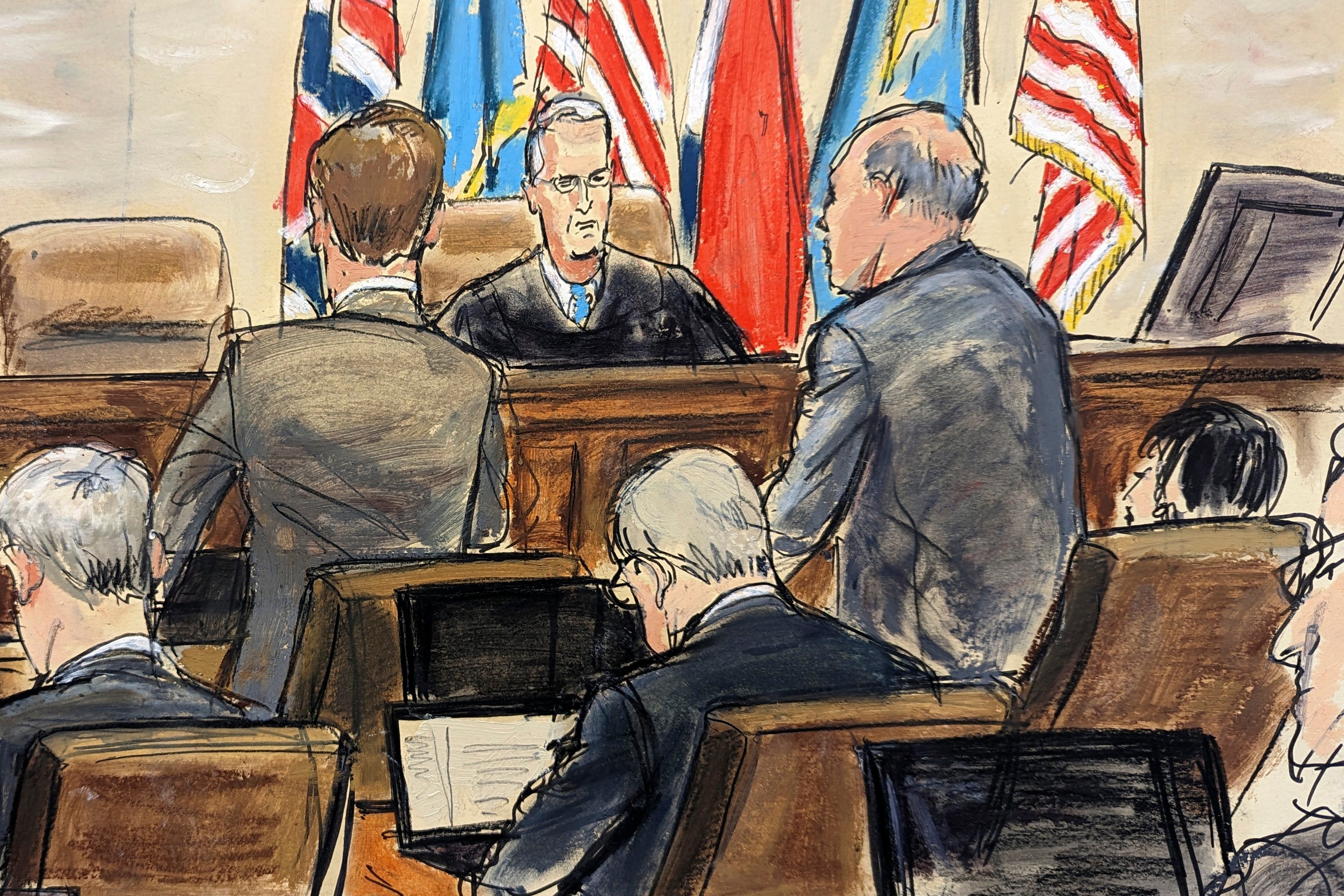 Artist’s sketch depicting Dominion Voting Systems attorney Justin Nelson, standing left, and Fox News attorney Daniel Webb, standing at right, speaking to Judge Eric Davis before finishing jury selection