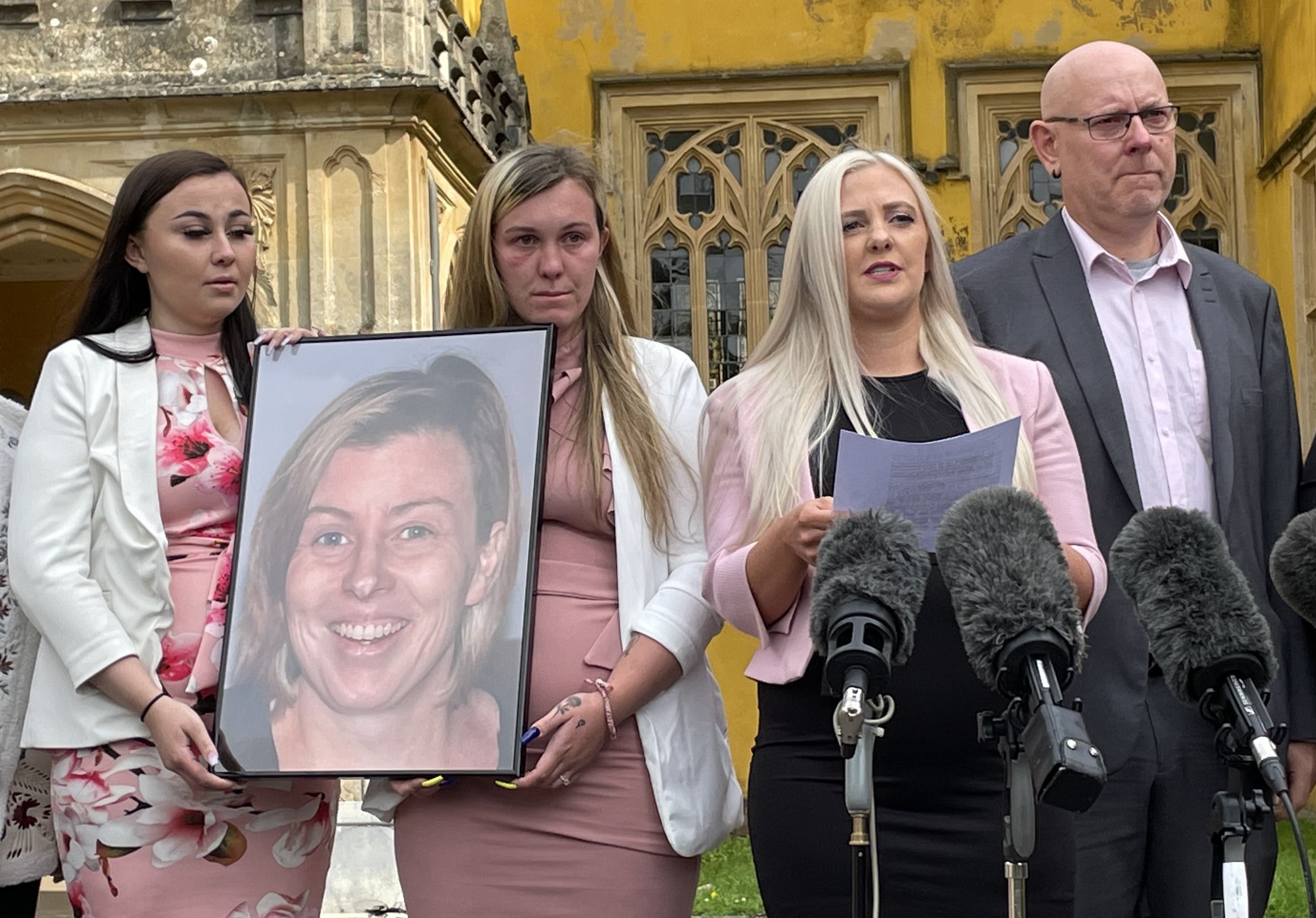 Family of Celia Marsh, (from left) daughters Kayleigh, Brenna, Ashleigh and Marsh’s husband Andy outside Avon Coroner’s Court in Bristol following the inquest into her death on 22 September 2022