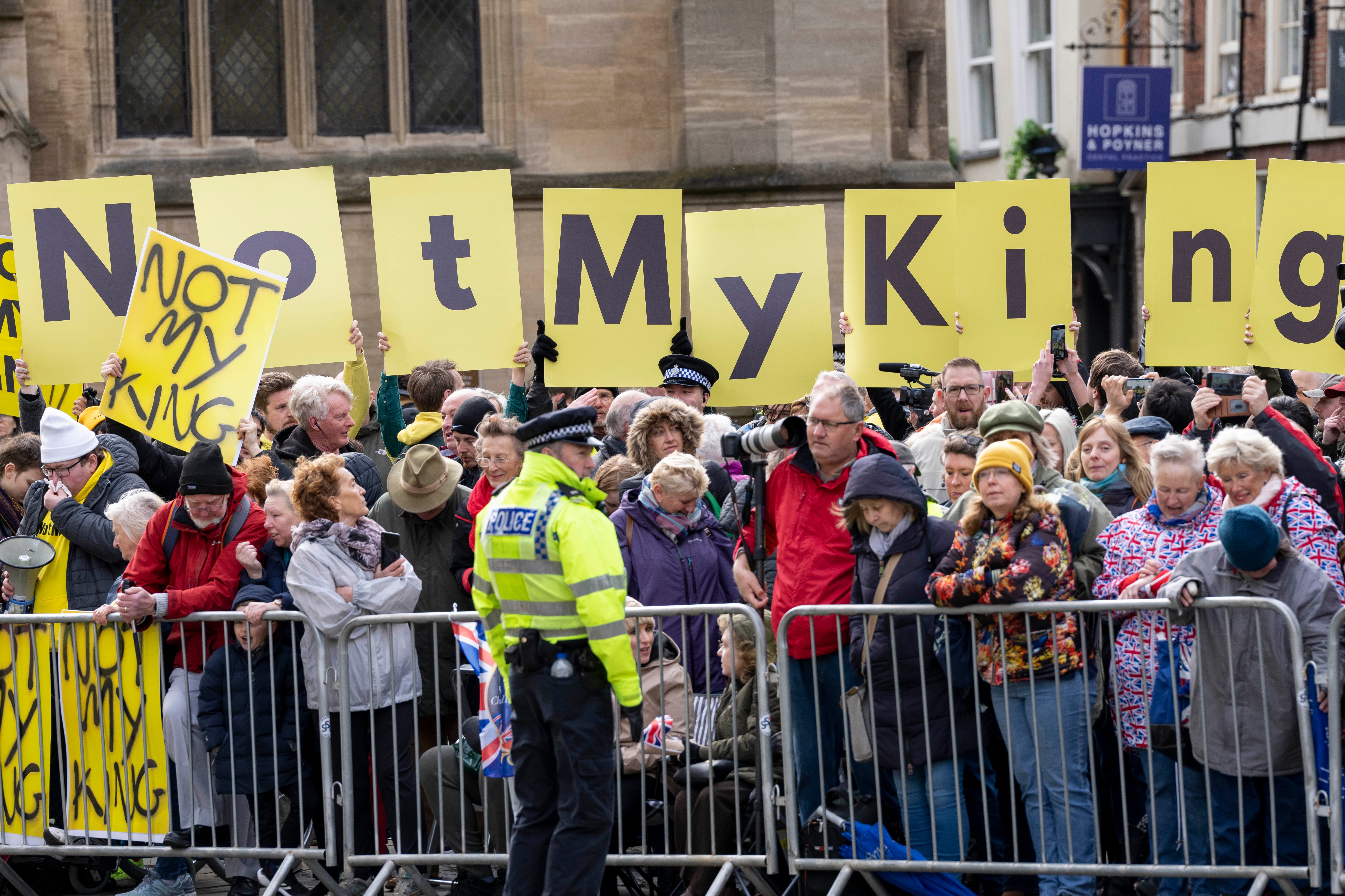 Protesters will wave signs saying "Not My King" as King Charles III and Camilla, Queen Consort make their way to Westminster Abbey