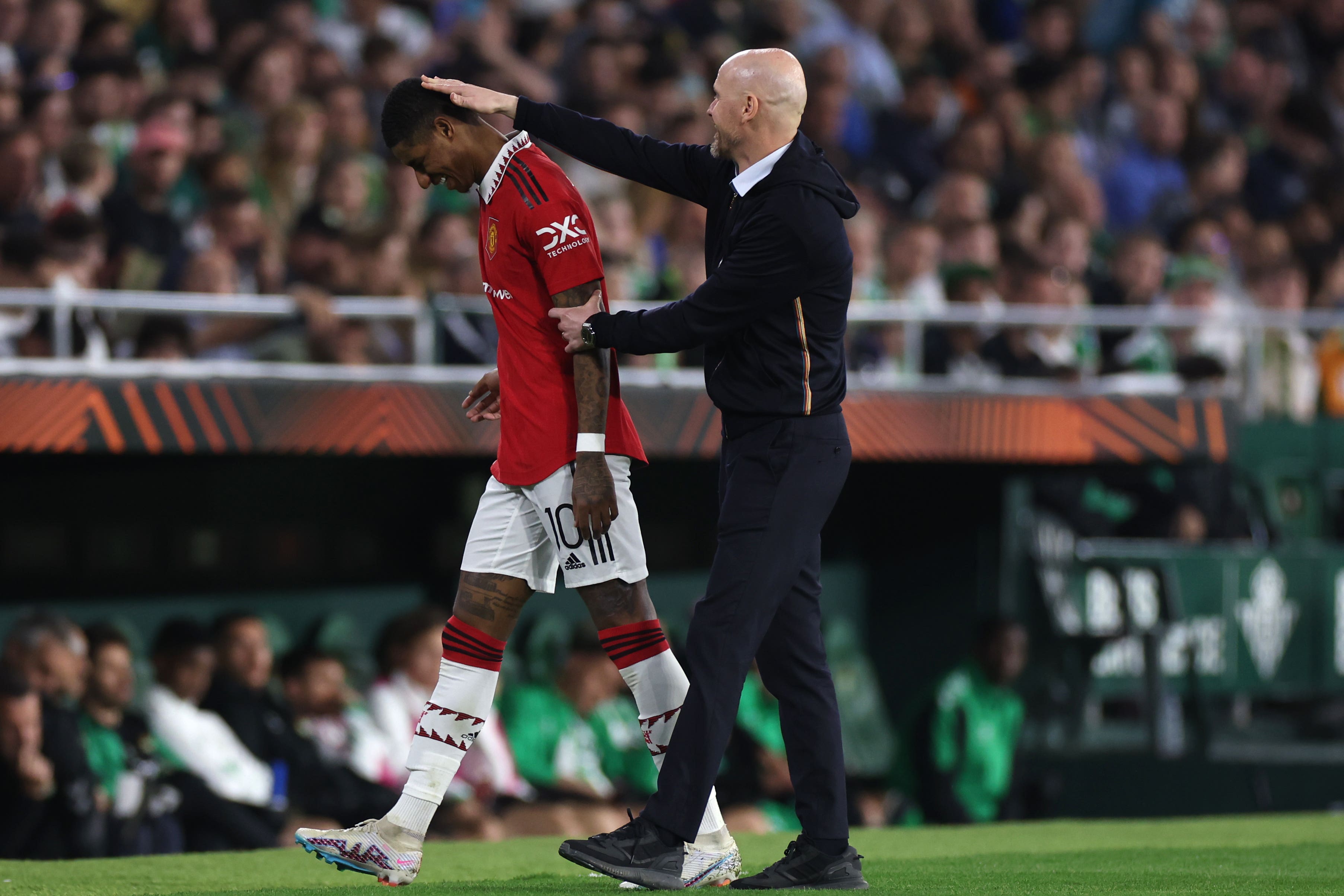 Manchester United’s Marcus Rashford (left) and manager Erik ten Hag (Isabel Infantes/PA)