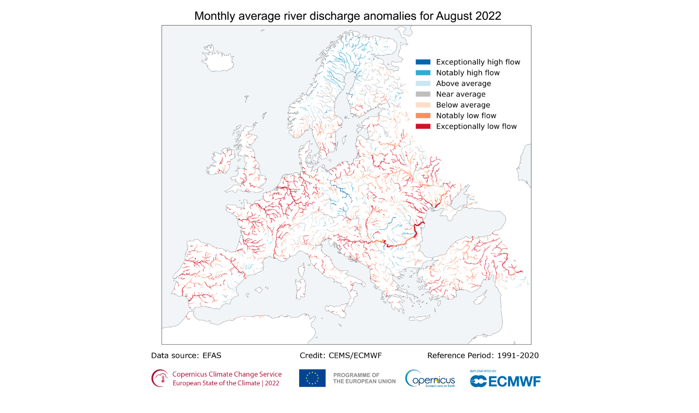 Monthly average river discharge anomalies for August 2022