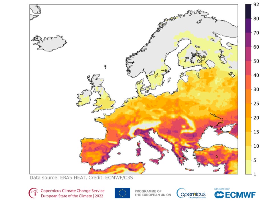 Number of days that experienced ‘strong heat stress’ (between 32 and 38C) during June, July and August 2022