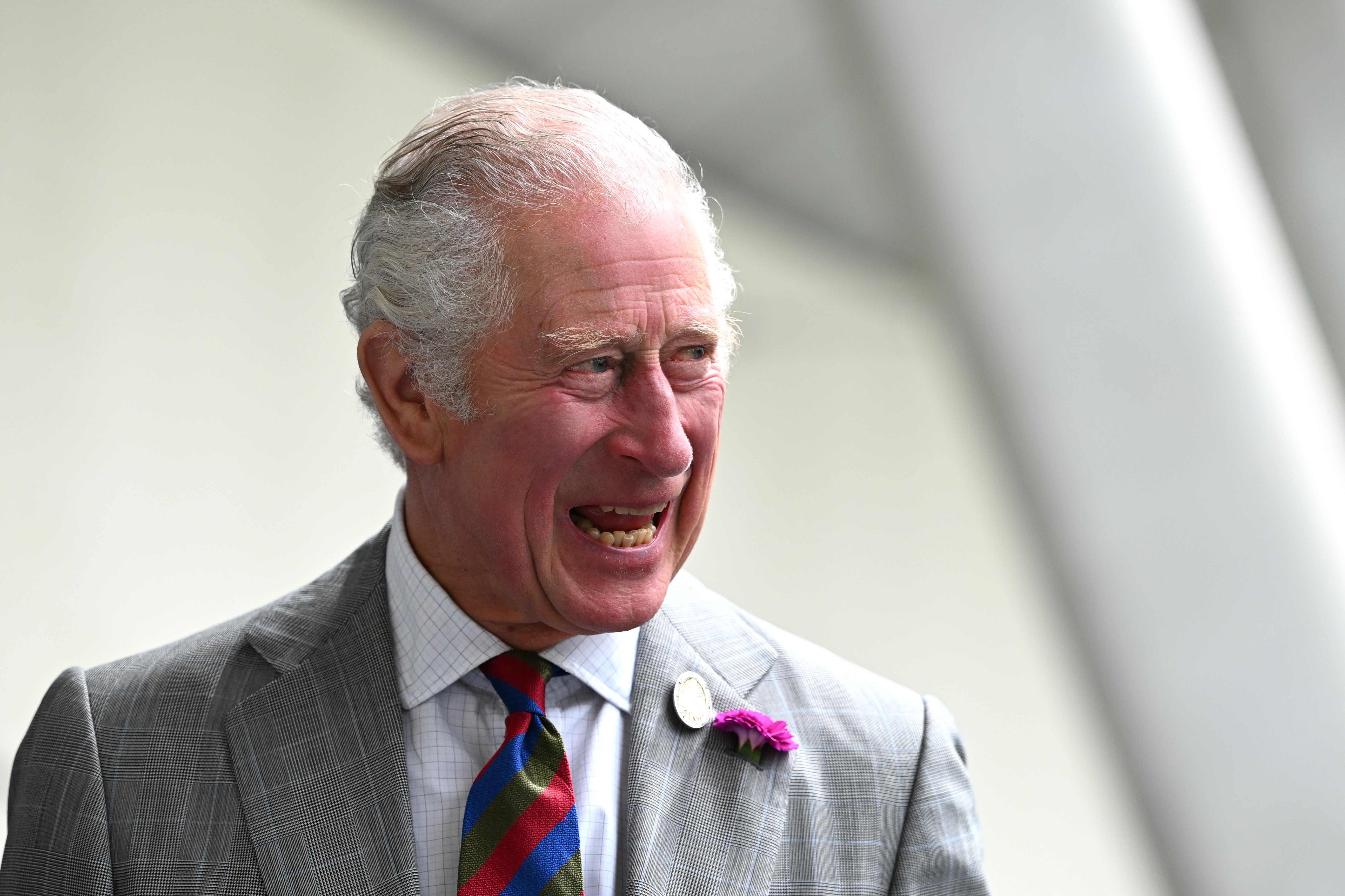 Charles, then-Prince of Wales laughs during a visit to the National Botanic Garden of Wales on July 06, 2022