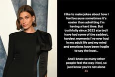 Hailey Bieber says she’s had ‘some of the saddest, hardest moments’ of her life in 2023