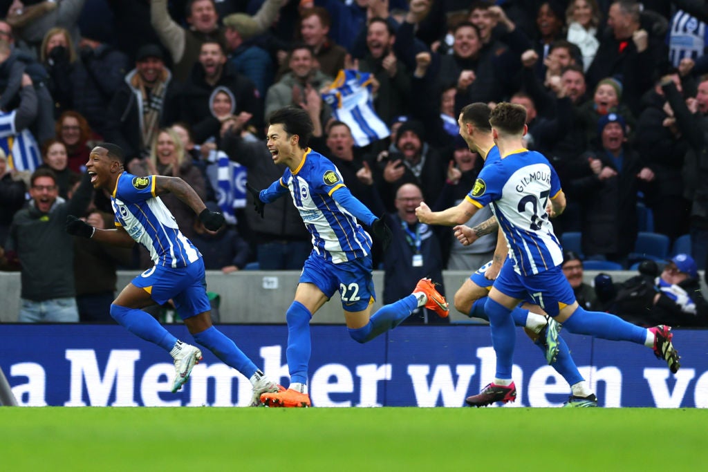 Brighton’s Kaoru Mitoma, centre, scored the winner against Liverpool in the FA Cup fourth round