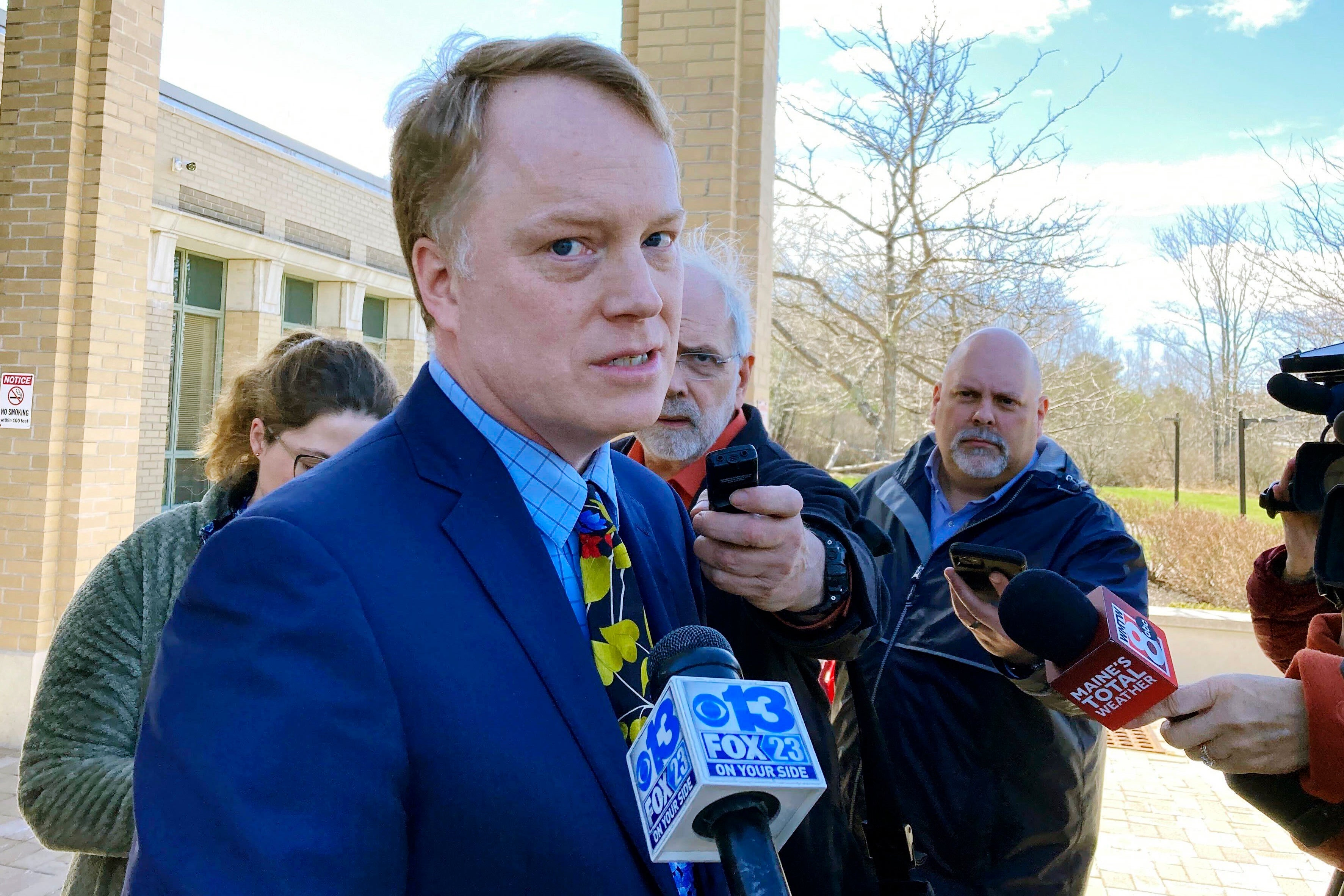 James Mason, the court appointed attorney for Joseph Eaton, the suspect in a shooting spree in Maine, speaks outside court in West Bath, Maine, Thursday, April 20, 2023