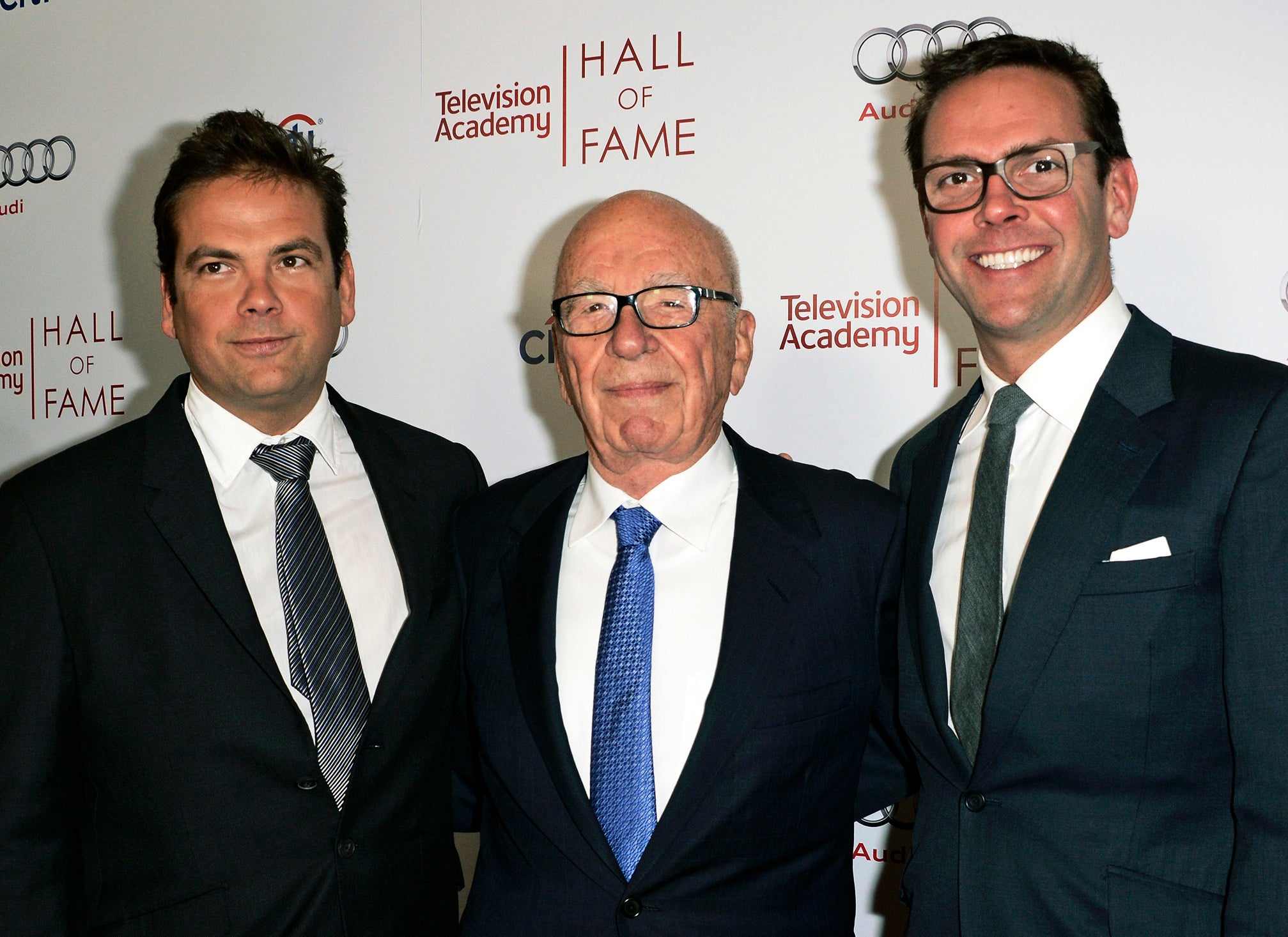 Rupert Murdoch and his sons, Lachlan, left, and James Murdoch attend the 2014 Television Academy Hall of Fame in Beverly Hills, Calif., on March 11, 2014.