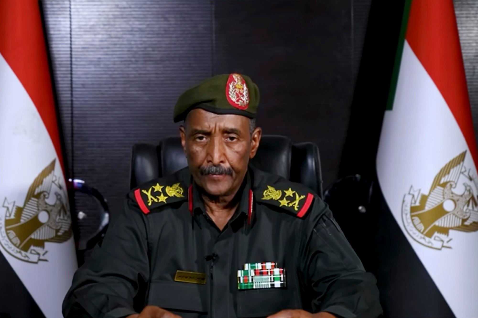 Gen. Abdel-Fattah Burhan, commander of the Sudanese Armed Forces, speaks at an undisclosed location