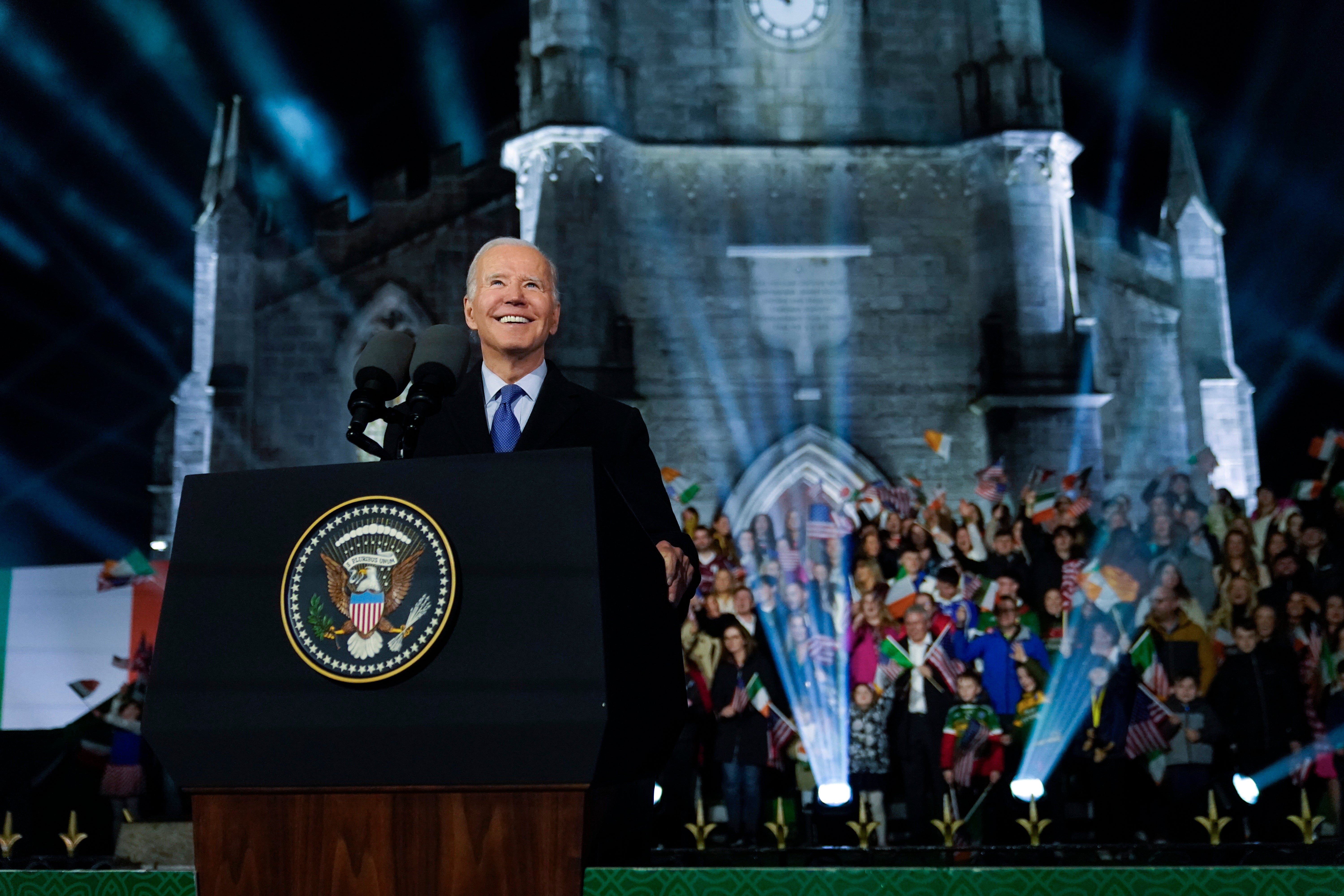 President Joe Biden speaks outside St. Muredach's Cathedral in Ballina, Ireland, Friday, April 14