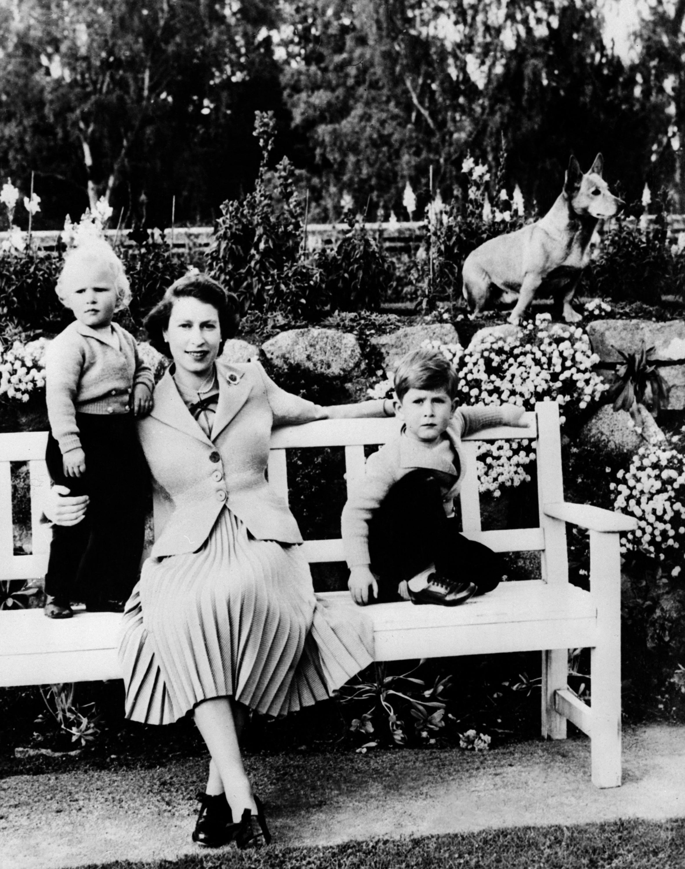 Queen Elizabeth II, her two children Charles (R) and Ann and a corgi posing in Balmoral