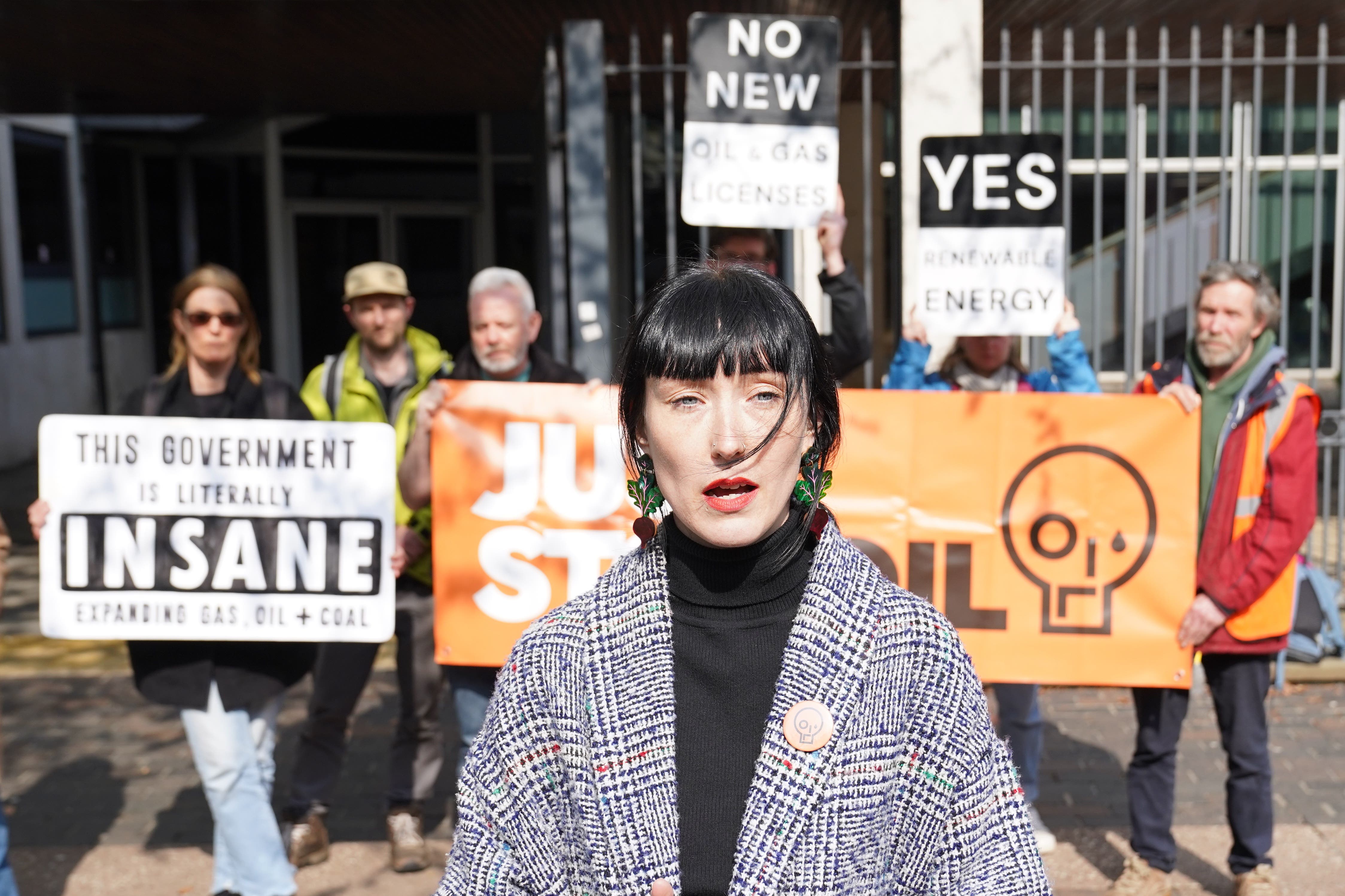 Just Stop Oil’s Stephanie Golder speaks outside Southend Crown Court in Essex, after Morgan Trowland and Marcus Decker were sentenced to three years in prison and two years and seven months in prison respectively for causing a public nuisance, over a demonstration that shut the Dartford Crossing for two days (Stefan Rousseau/ PA)